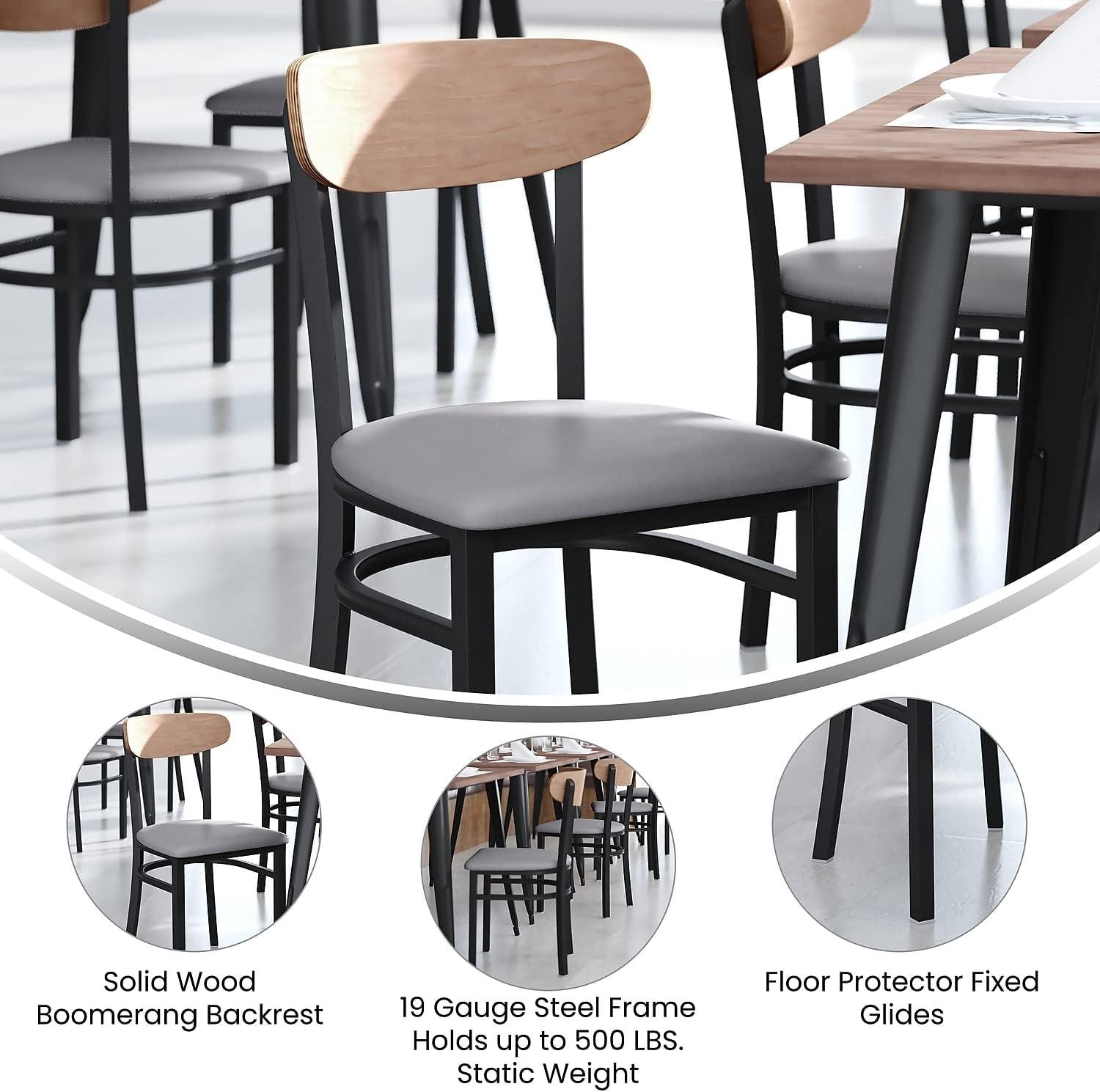 imageFlash Furniture Wright Commercial Grade Dining Chair Natural Birch Finish Solid Wood Seat and Boomerang Back 500 LB Capacity Black Steel FrameNatural Birch Wood BackGray Vinyl Seat