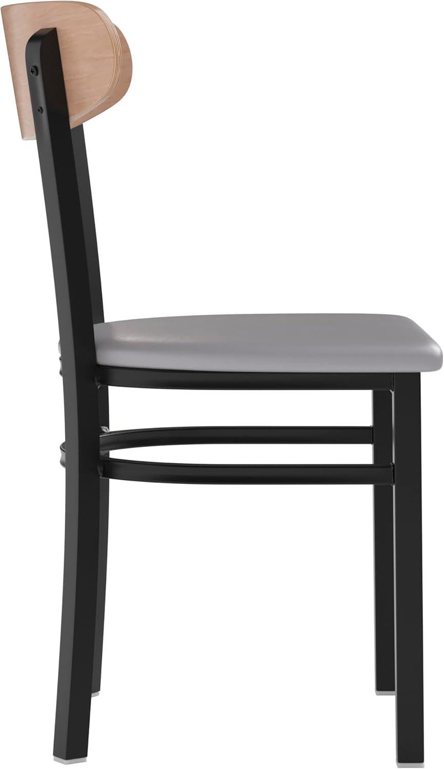 imageFlash Furniture Wright Commercial Grade Dining Chair Natural Birch Finish Solid Wood Seat and Boomerang Back 500 LB Capacity Black Steel FrameNatural Birch Wood BackGray Vinyl Seat