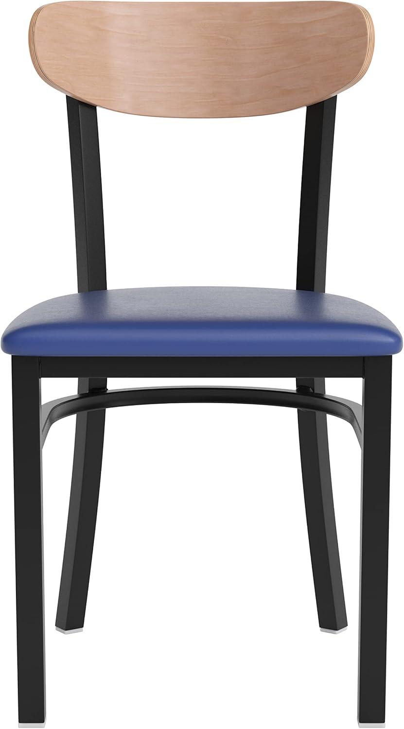 imageFlash Furniture Wright Commercial Grade Dining Chair Natural Birch Finish Solid Wood Seat and Boomerang Back 500 LB Capacity Black Steel FrameNatural Birch Wood BackBlue Vinyl Seat