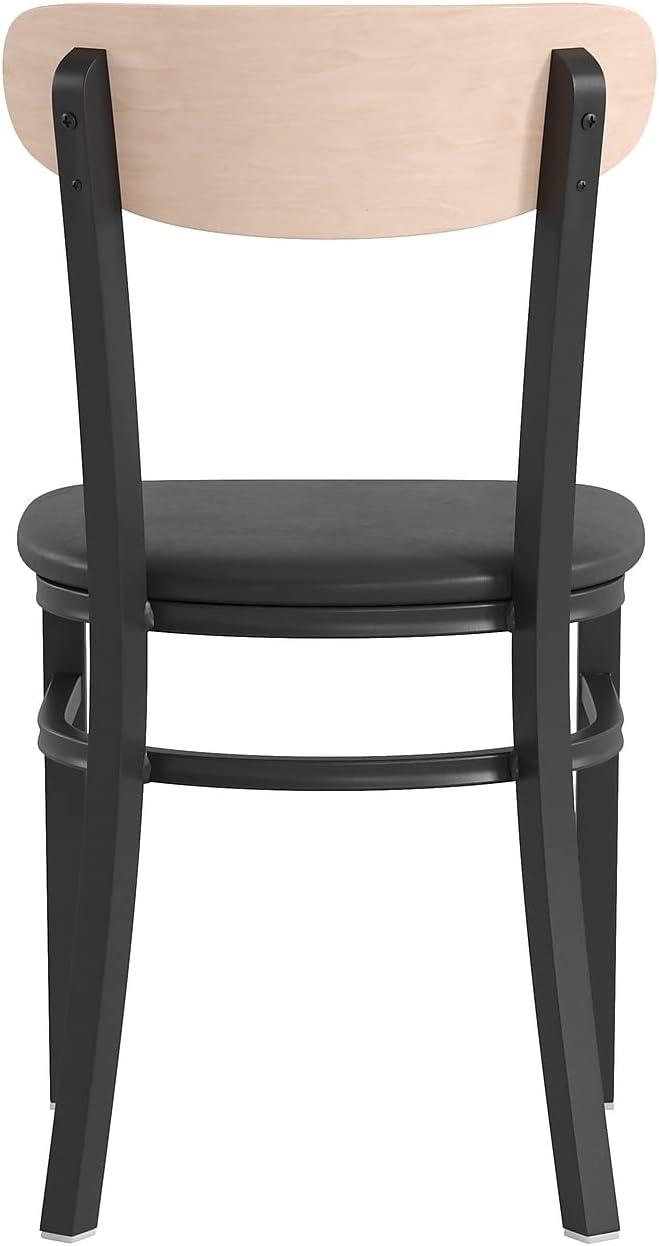 imageFlash Furniture Wright Commercial Grade Dining Chair Natural Birch Finish Solid Wood Seat and Boomerang Back 500 LB Capacity Black Steel FrameNatural Birch Wood BackBlack Vinyl Seat