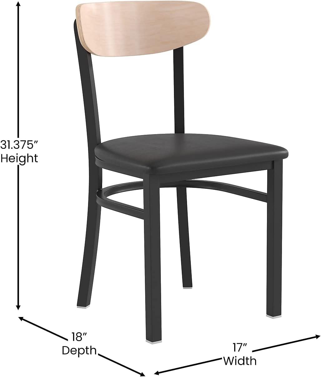 imageFlash Furniture Wright Commercial Grade Dining Chair Natural Birch Finish Solid Wood Seat and Boomerang Back 500 LB Capacity Black Steel FrameNatural Birch Wood BackBlack Vinyl Seat
