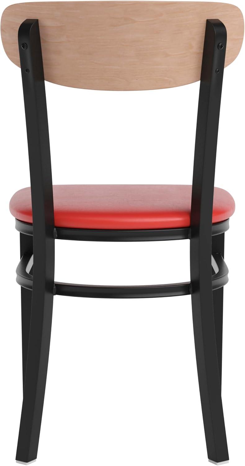 imageFlash Furniture Wright Commercial Grade Dining Chair Natural Birch Finish Solid Wood Seat and Boomerang Back 500 LB Capacity Black Steel FrameNatural Birch Wood BackRed Vinyl Seat