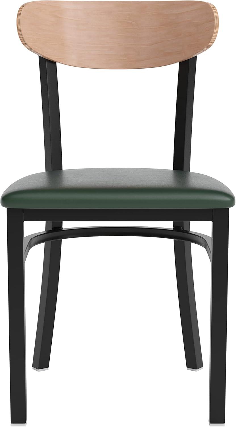 imageFlash Furniture Wright Commercial Grade Dining Chair Natural Birch Finish Solid Wood Seat and Boomerang Back 500 LB Capacity Black Steel FrameNatural Birch Wood BackGreen Vinyl Seat