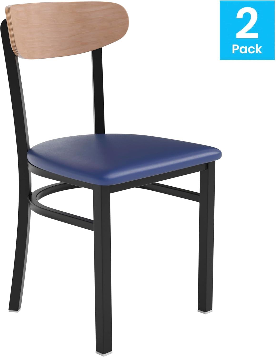 imageFlash Furniture Wright Commercial Grade Dining Chair Natural Birch Finish Solid Wood Seat and Boomerang Back 500 LB Capacity Black Steel FrameNatural Birch Wood BackBlue Vinyl Seat