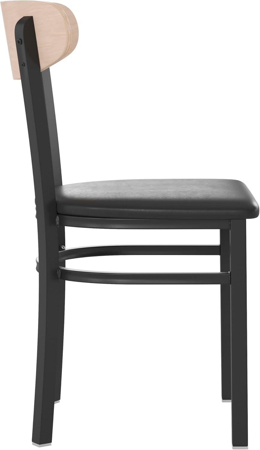 imageFlash Furniture Wright Commercial Grade Dining Chair Natural Birch Finish Solid Wood Seat and Boomerang Back 500 LB Capacity Black Steel FrameNatural Birch Wood BackBlack Vinyl Seat