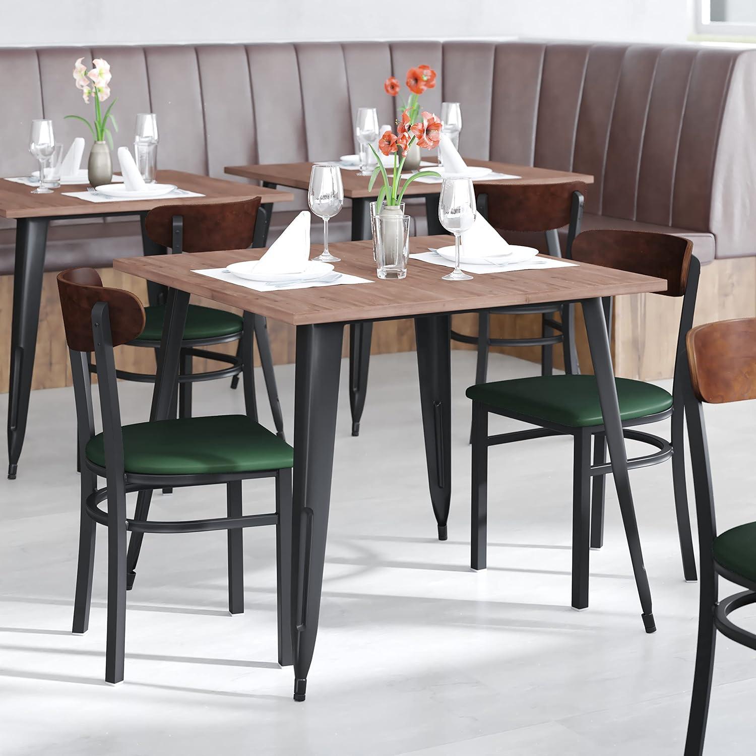imageFlash Furniture Wright Commercial Grade Dining Chair Natural Birch Finish Solid Wood Seat and Boomerang Back 500 LB Capacity Black Steel FrameWalnut Wood BackGreen Vinyl Seat