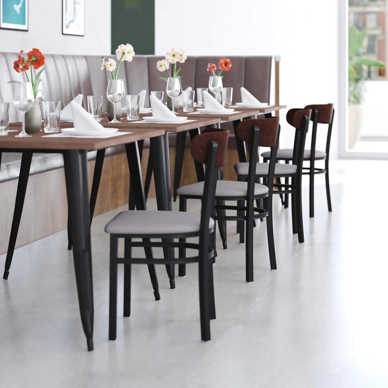 imageFlash Furniture Wright Commercial Grade Dining Chair Natural Birch Finish Solid Wood Seat and Boomerang Back 500 LB Capacity Black Steel FrameWalnut Wood BackGray Vinyl Seat