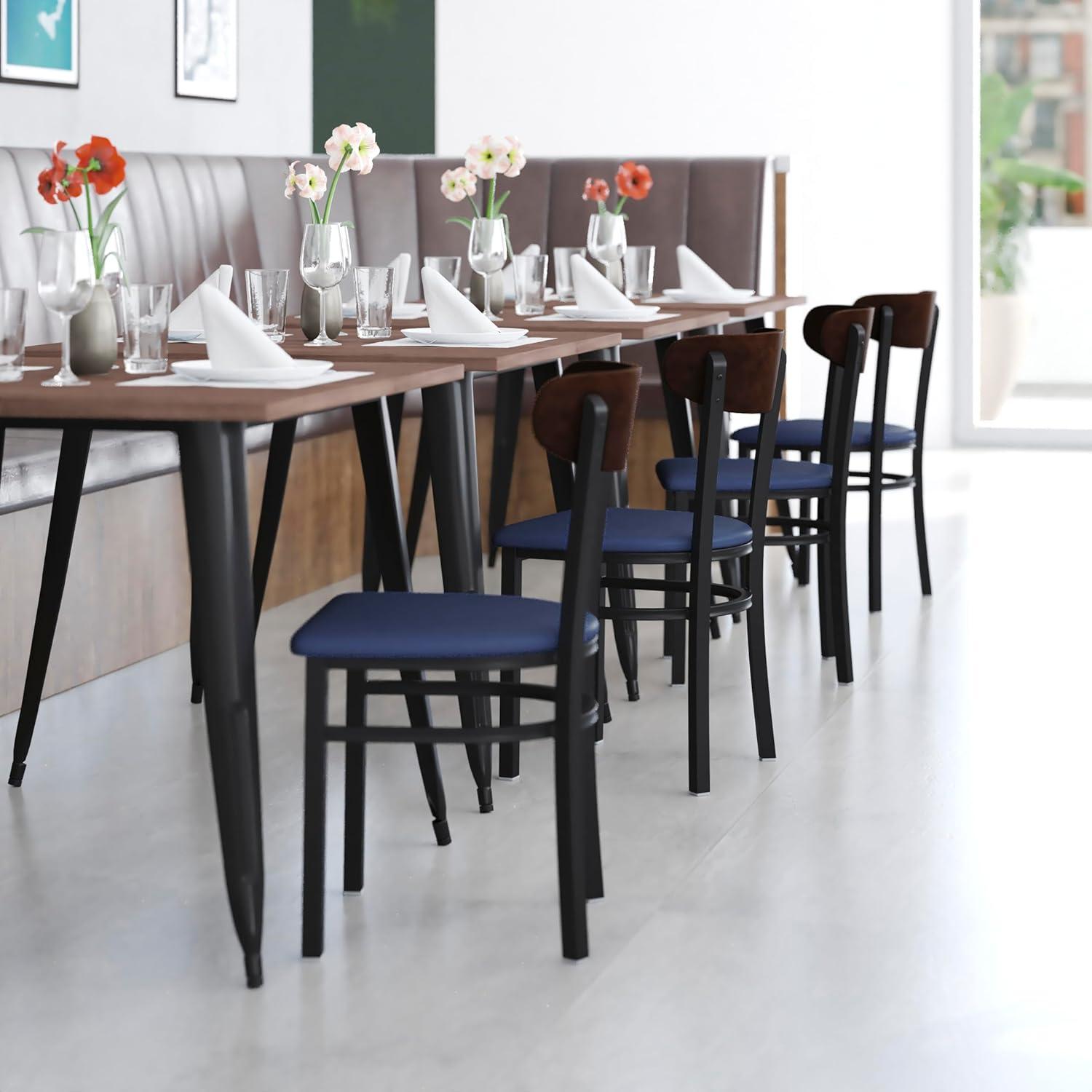 imageFlash Furniture Wright Commercial Grade Dining Chair Natural Birch Finish Solid Wood Seat and Boomerang Back 500 LB Capacity Black Steel FrameWalnut Wood BackBlue Vinyl Seat