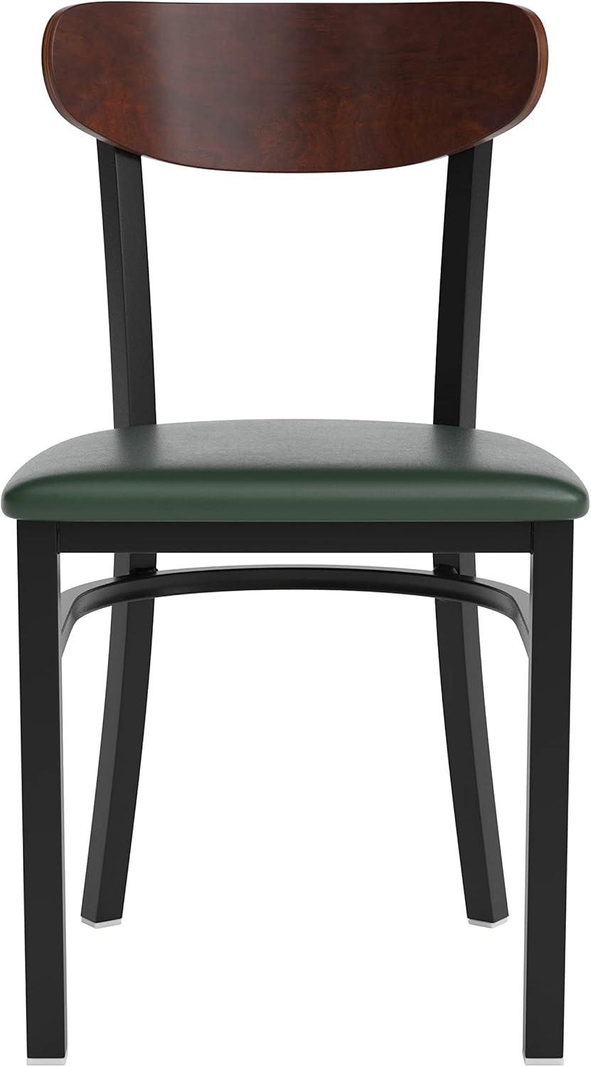 imageFlash Furniture Wright Commercial Grade Dining Chair Natural Birch Finish Solid Wood Seat and Boomerang Back 500 LB Capacity Black Steel FrameWalnut Wood BackGreen Vinyl Seat