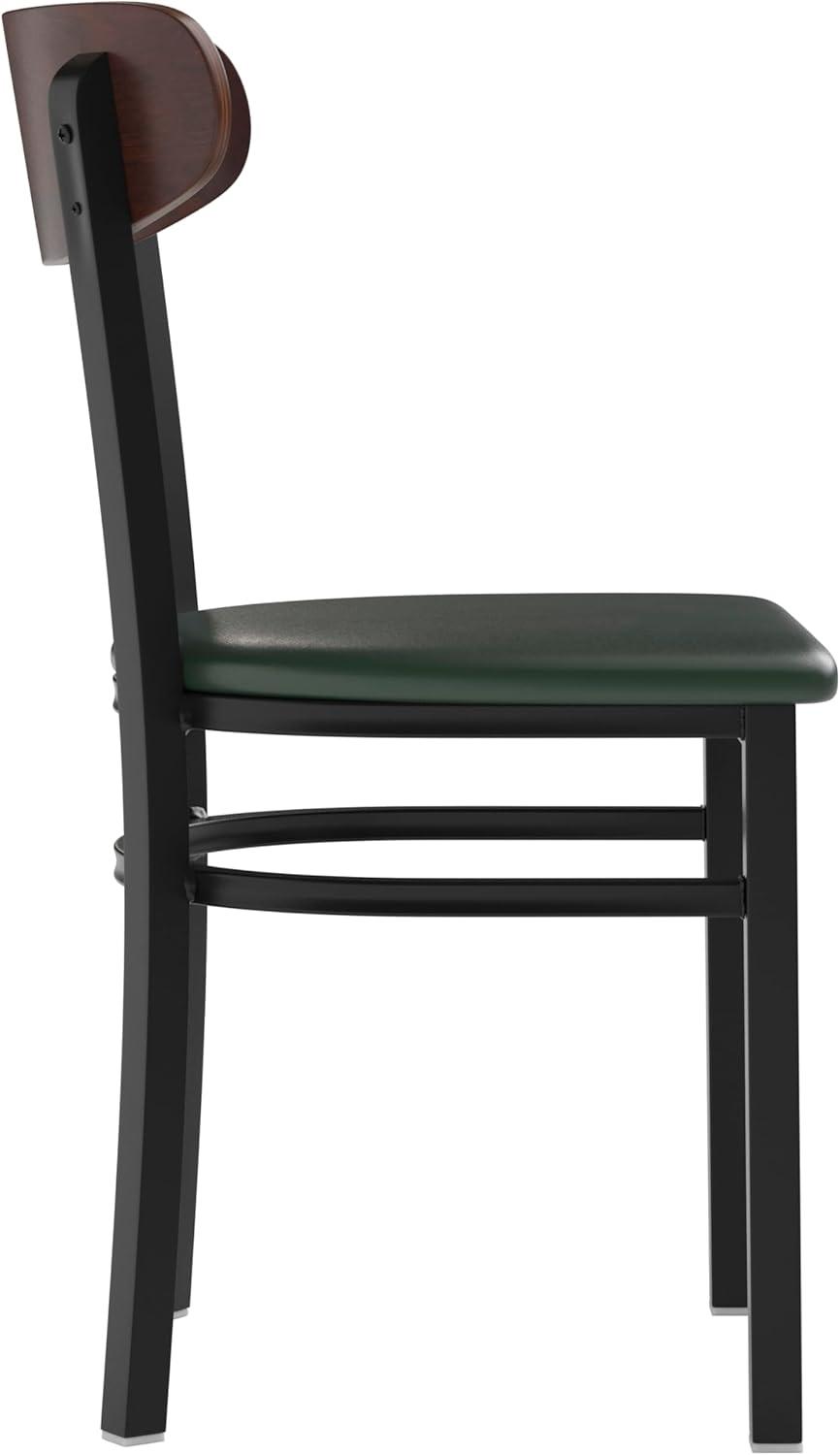 imageFlash Furniture Wright Commercial Grade Dining Chair Natural Birch Finish Solid Wood Seat and Boomerang Back 500 LB Capacity Black Steel FrameWalnut Wood BackGreen Vinyl Seat