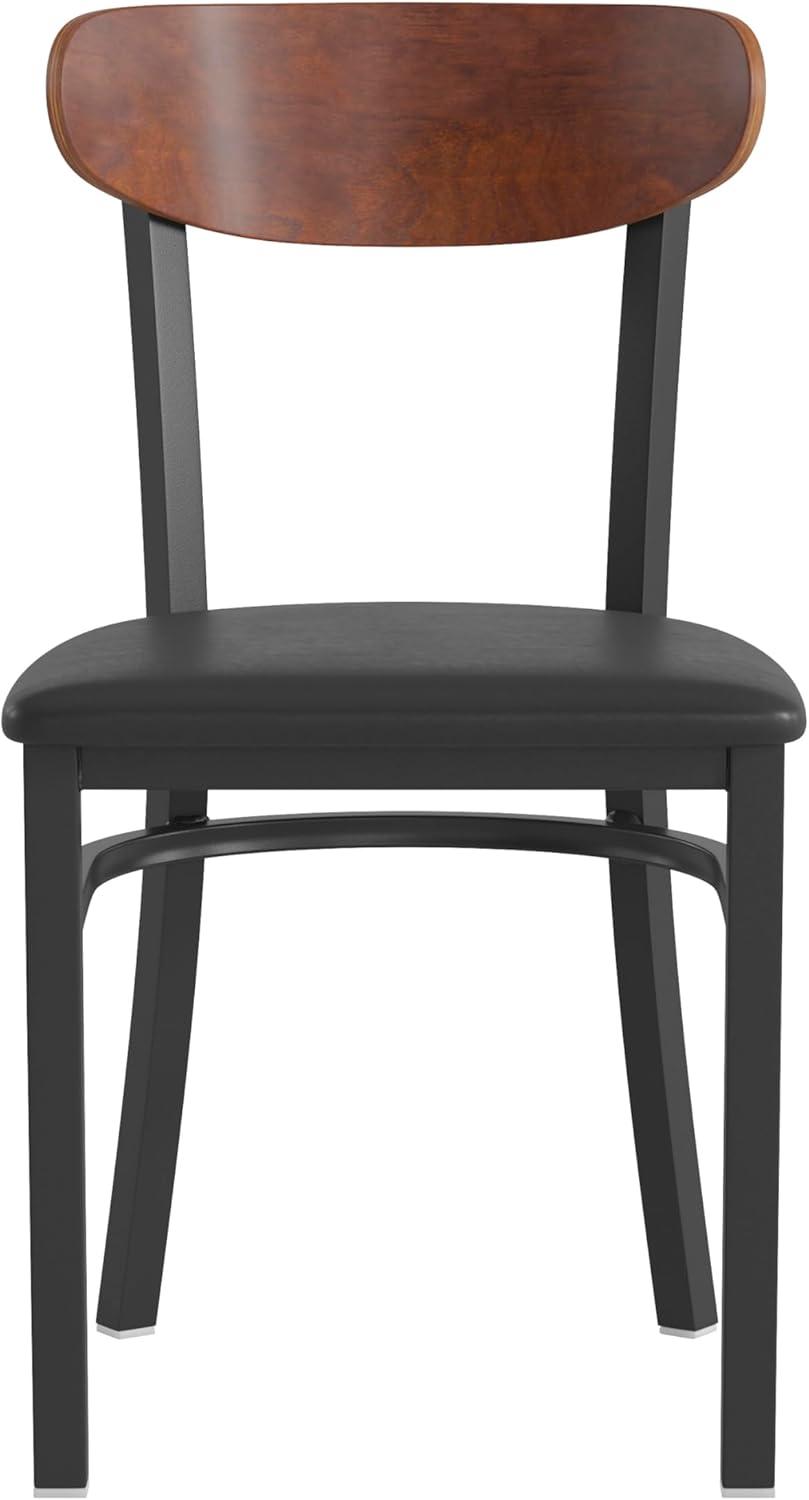 imageFlash Furniture Wright Commercial Grade Dining Chair Natural Birch Finish Solid Wood Seat and Boomerang Back 500 LB Capacity Black Steel FrameWalnut Wood BackBlack Vinyl Seat