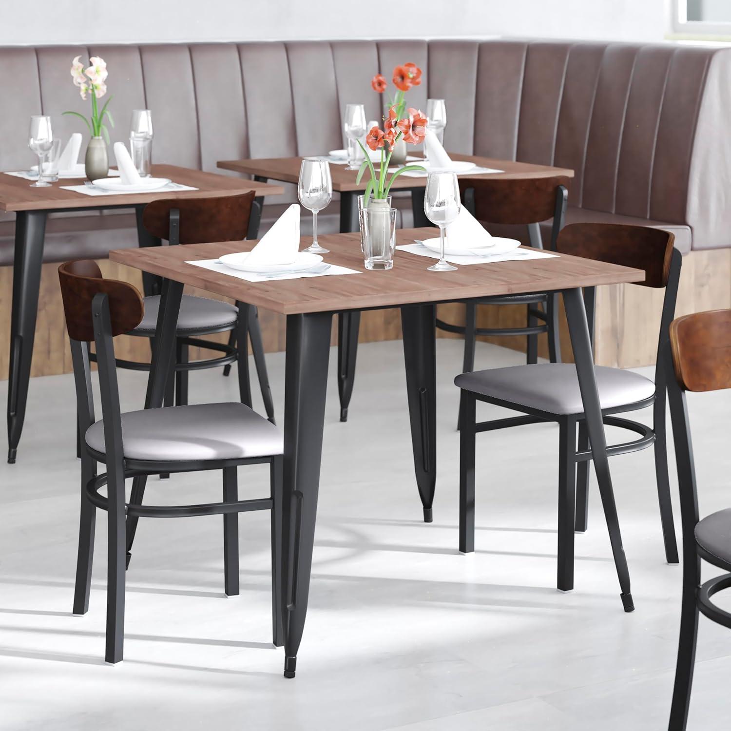imageFlash Furniture Wright Commercial Grade Dining Chair Natural Birch Finish Solid Wood Seat and Boomerang Back 500 LB Capacity Black Steel FrameWalnut Wood BackGray Vinyl Seat