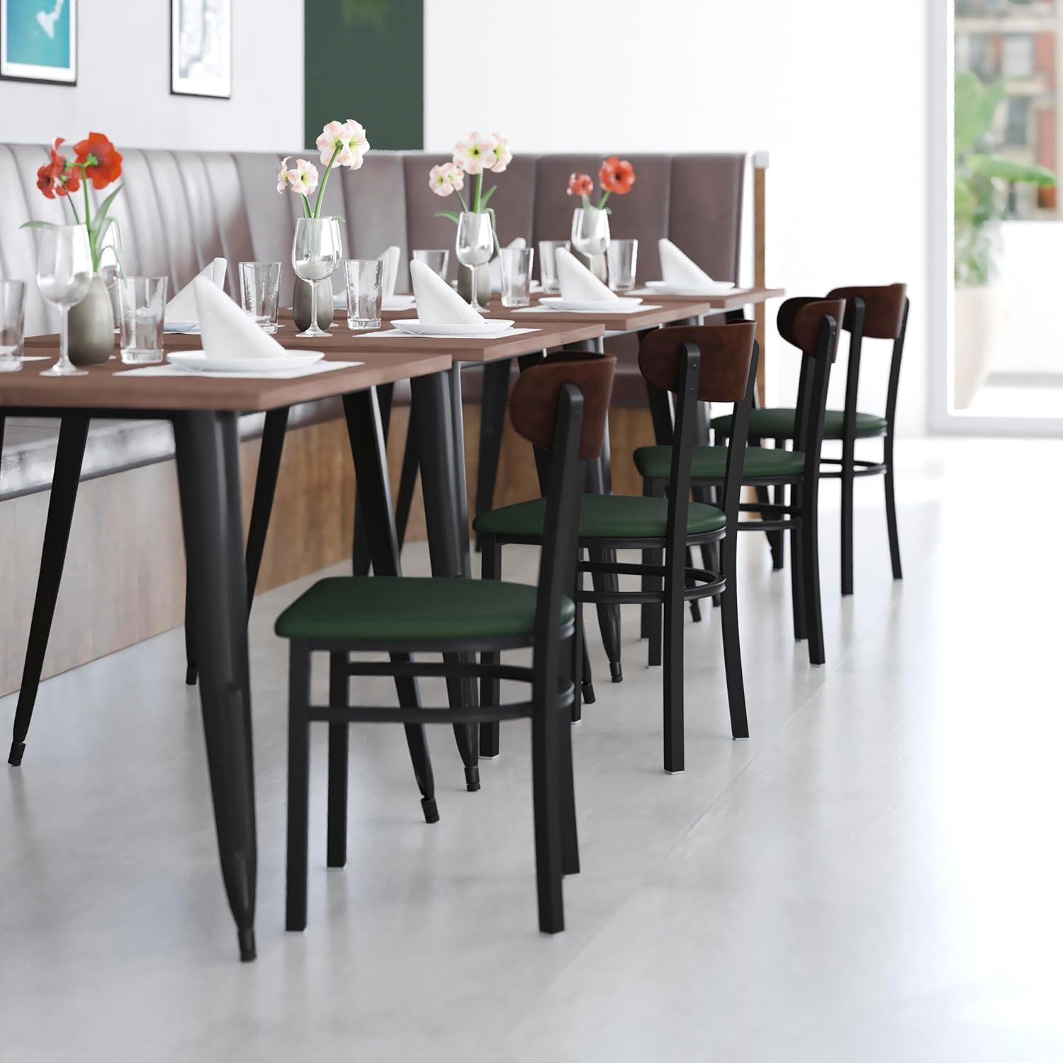 imageFlash Furniture Wright Commercial Grade Dining Chair Natural Birch Finish Solid Wood Seat and Boomerang Back 500 LB Capacity Black Steel FrameWalnut Wood BackGreen Vinyl Seat