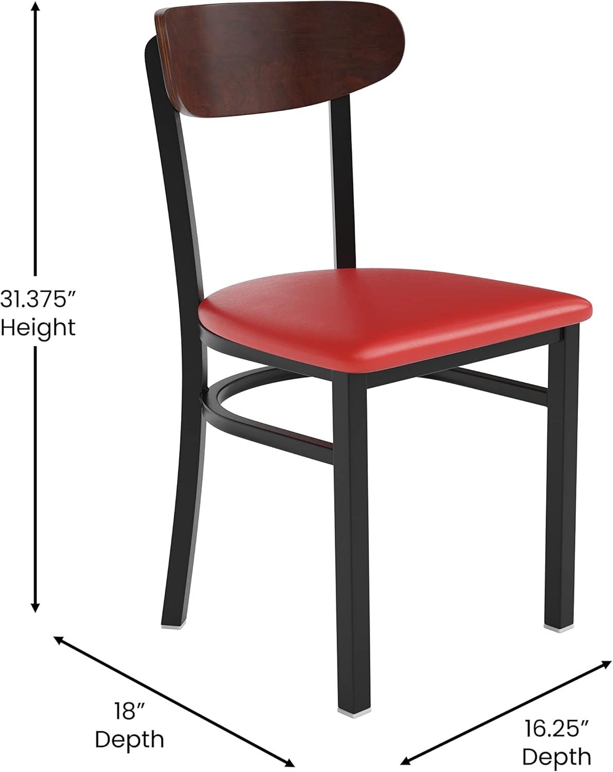 imageFlash Furniture Wright Commercial Grade Dining Chair Natural Birch Finish Solid Wood Seat and Boomerang Back 500 LB Capacity Black Steel FrameWalnut Wood BackRed Vinyl Seat