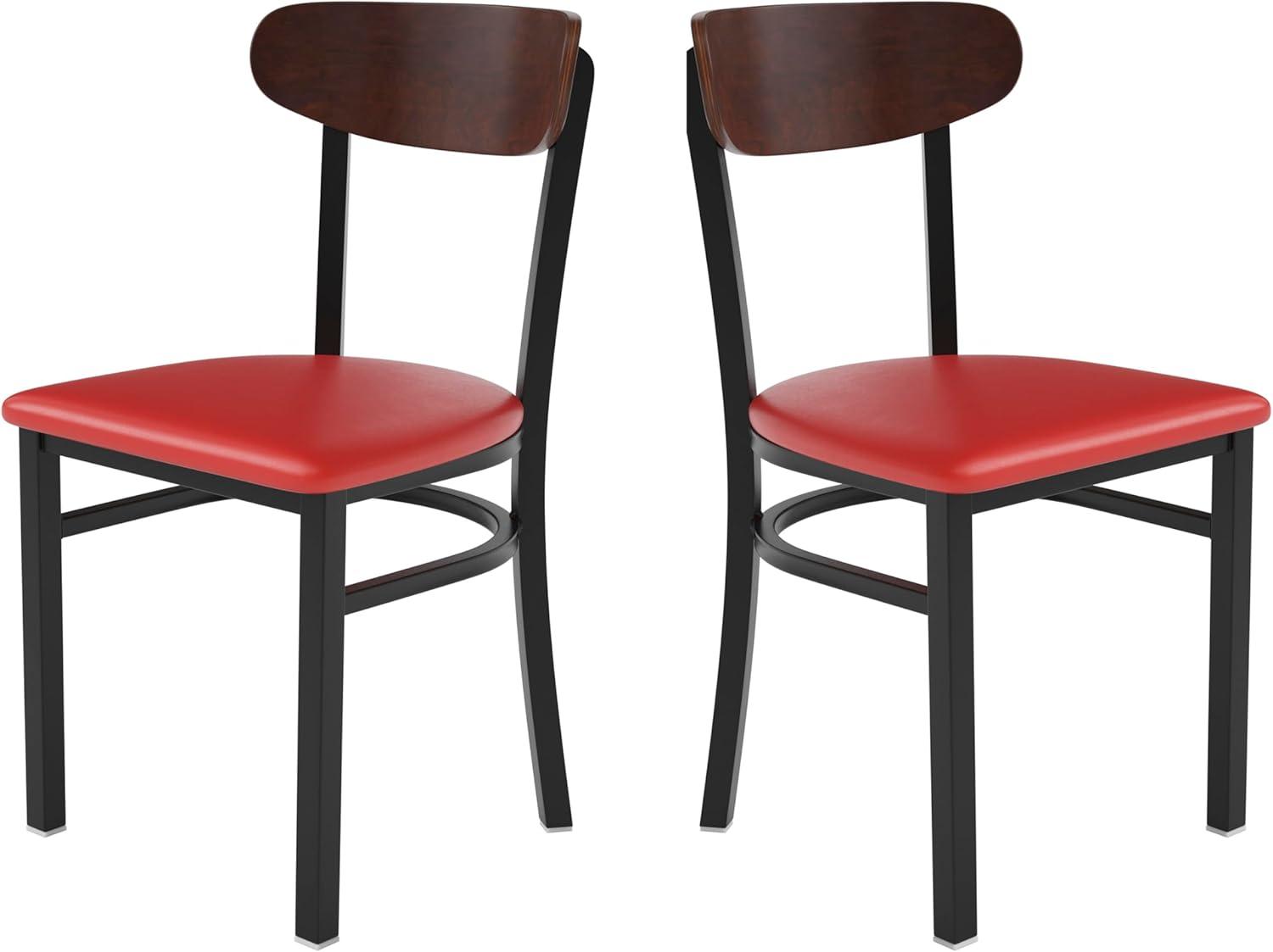 imageFlash Furniture Wright Commercial Grade Dining Chair Natural Birch Finish Solid Wood Seat and Boomerang Back 500 LB Capacity Black Steel FrameWalnut Wood BackRed Vinyl Seat