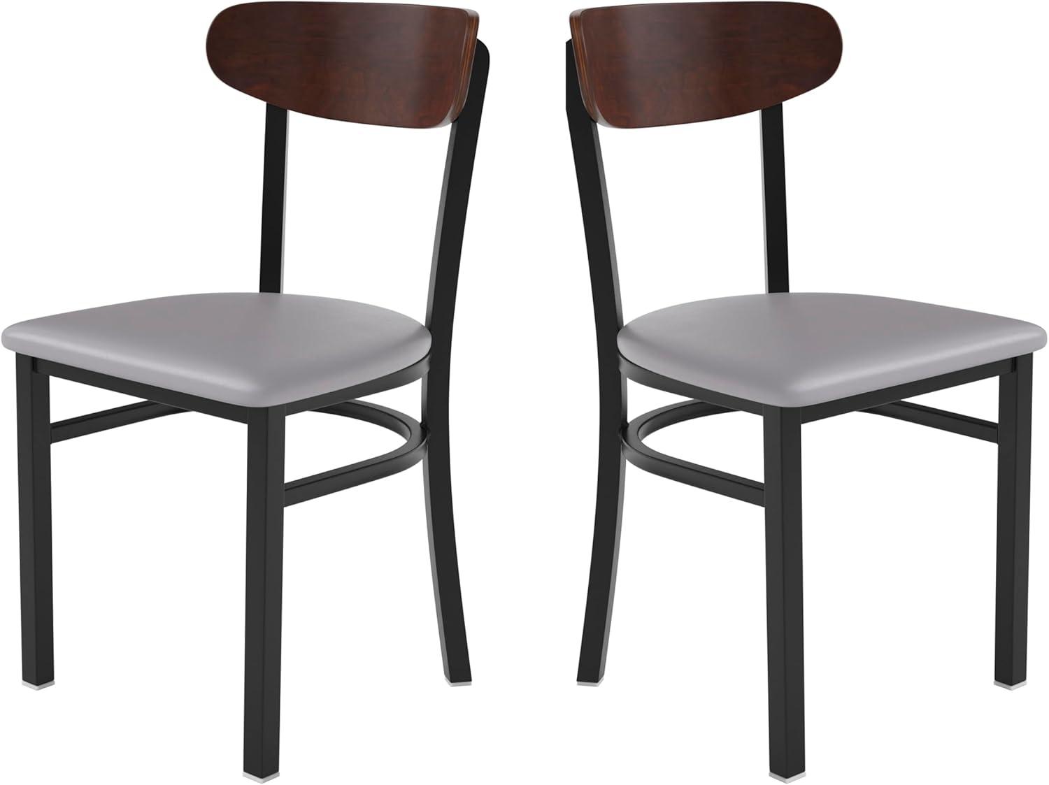 imageFlash Furniture Wright Commercial Grade Dining Chair Natural Birch Finish Solid Wood Seat and Boomerang Back 500 LB Capacity Black Steel FrameWalnut Wood BackGray Vinyl Seat