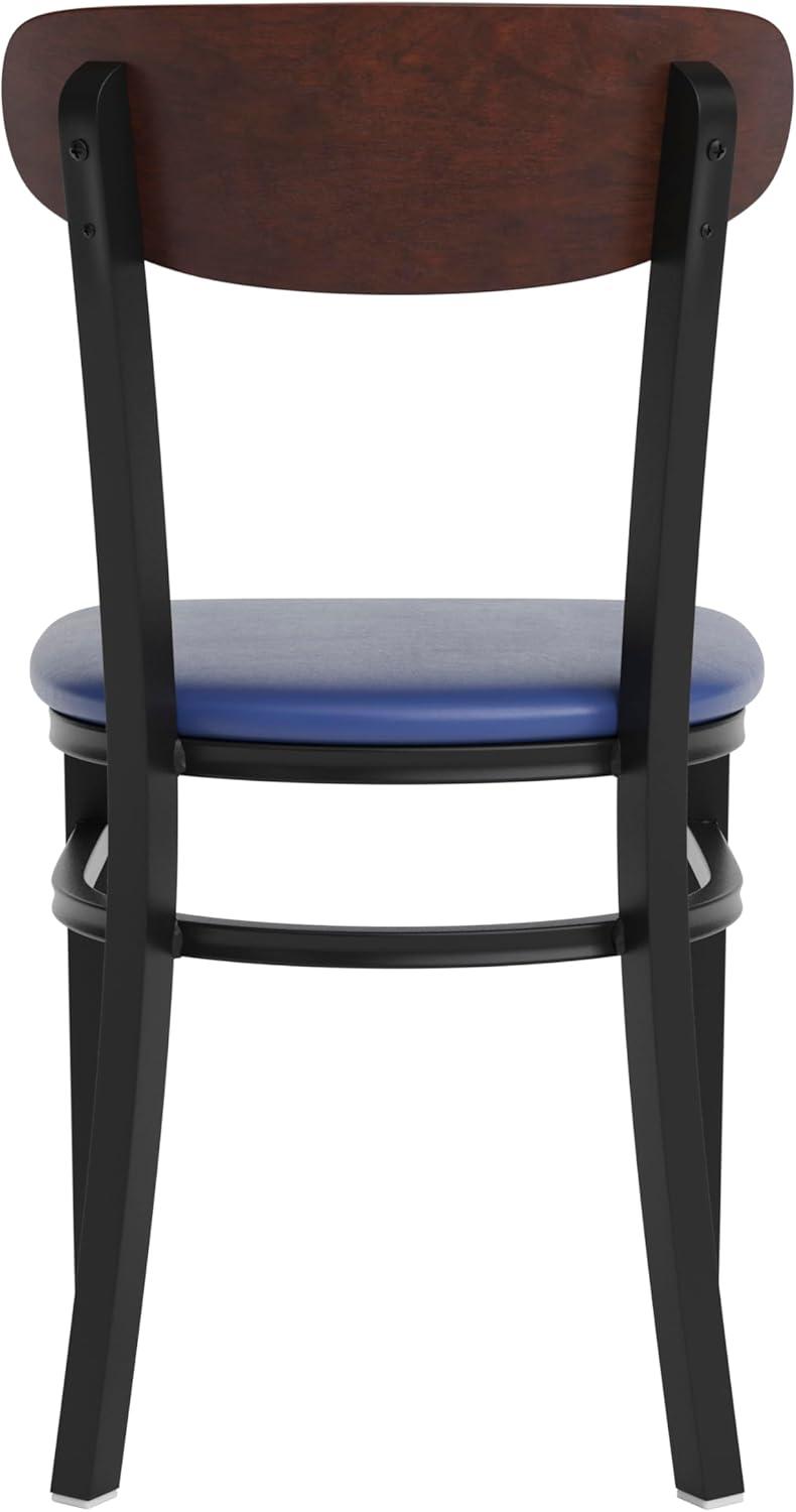 imageFlash Furniture Wright Commercial Grade Dining Chair Natural Birch Finish Solid Wood Seat and Boomerang Back 500 LB Capacity Black Steel FrameWalnut Wood BackBlue Vinyl Seat