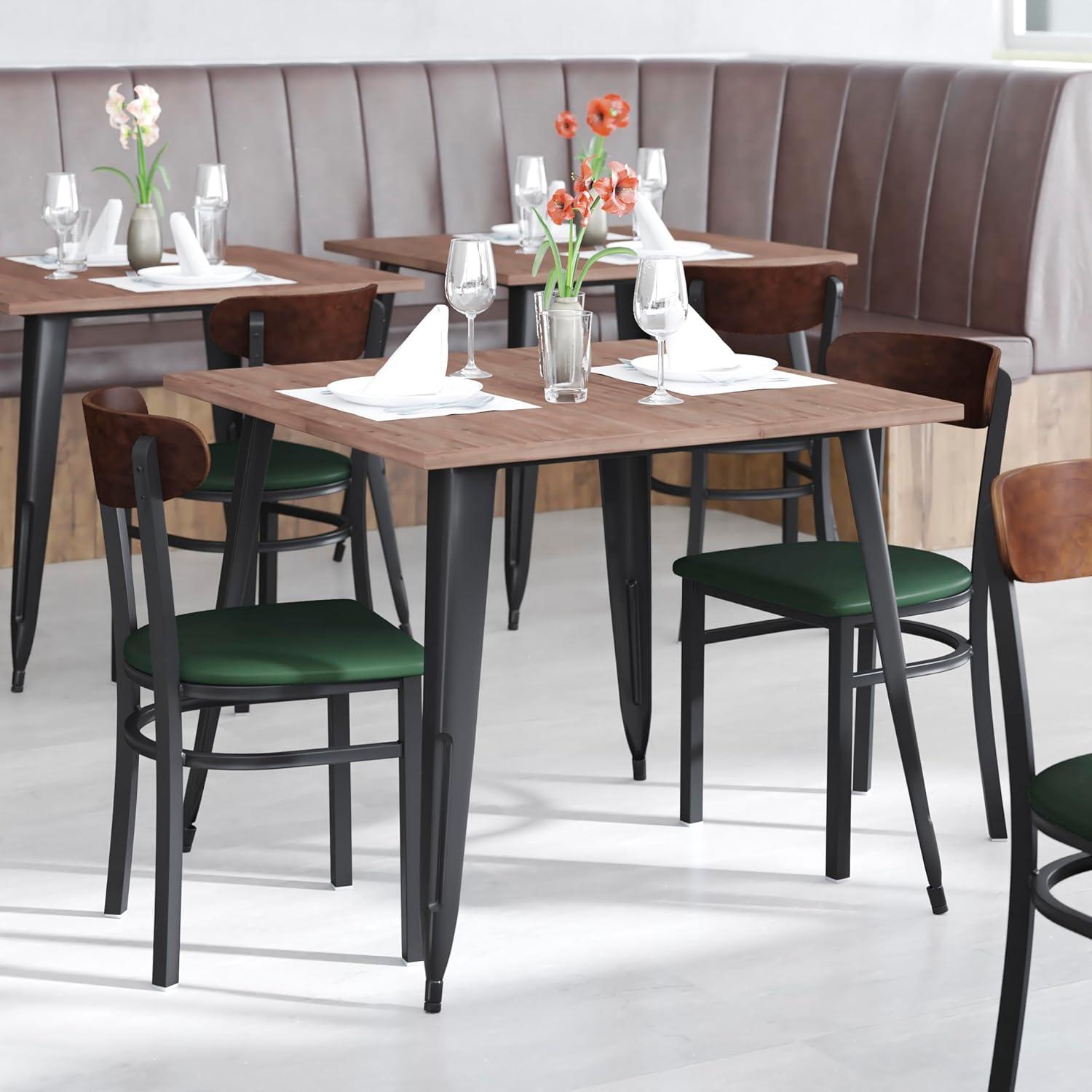 imageFlash Furniture Wright Commercial Grade Dining Chair Natural Birch Finish Solid Wood Seat and Boomerang Back 500 LB Capacity Black Steel FrameWalnut Wood BackGreen Vinyl Seat