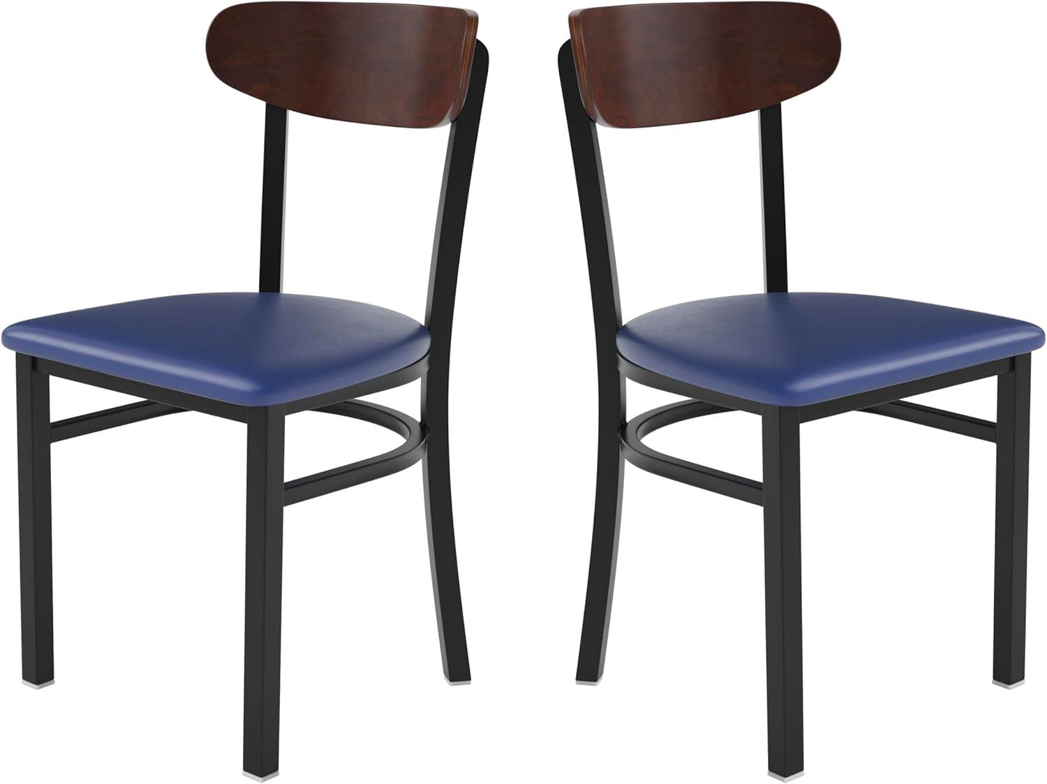 imageFlash Furniture Wright Commercial Grade Dining Chair Natural Birch Finish Solid Wood Seat and Boomerang Back 500 LB Capacity Black Steel FrameWalnut Wood BackBlue Vinyl Seat