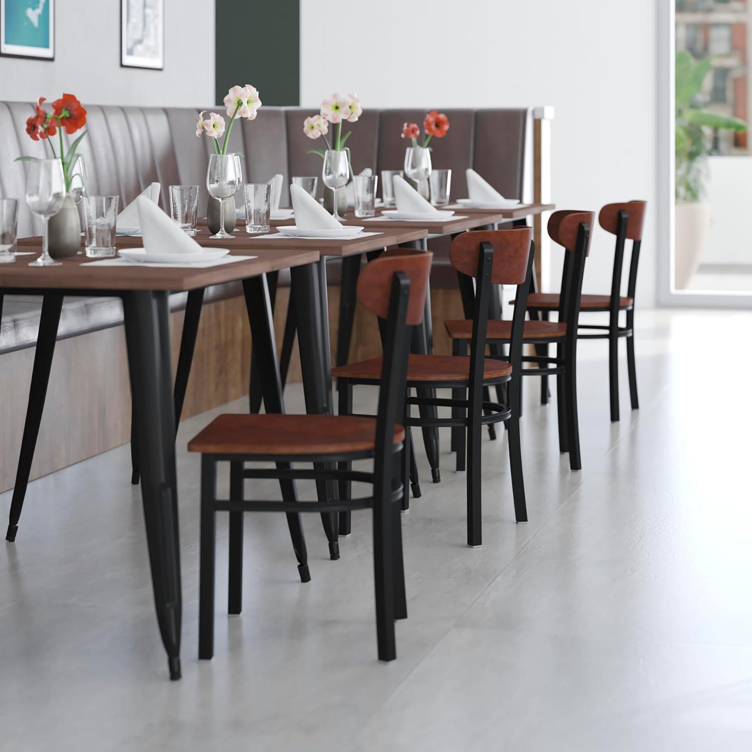 imageFlash Furniture Wright Commercial Grade Dining Chair Natural Birch Finish Solid Wood Seat and Boomerang Back 500 LB Capacity Black Steel FrameWalnut