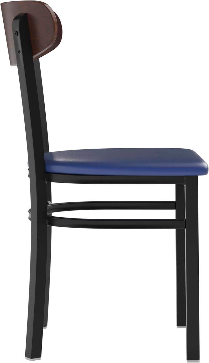 imageFlash Furniture Wright Commercial Grade Dining Chair Natural Birch Finish Solid Wood Seat and Boomerang Back 500 LB Capacity Black Steel FrameWalnut Wood BackBlue Vinyl Seat
