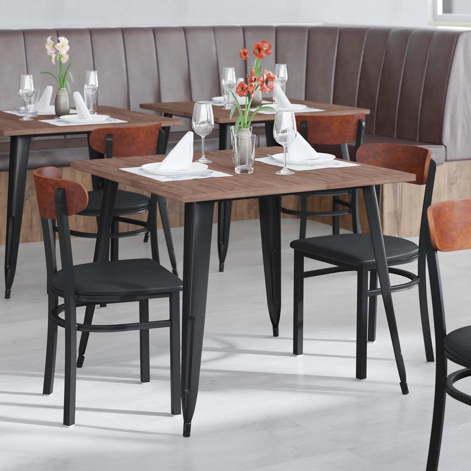 imageFlash Furniture Wright Commercial Grade Dining Chair Natural Birch Finish Solid Wood Seat and Boomerang Back 500 LB Capacity Black Steel FrameWalnut Wood BackBlack Vinyl Seat