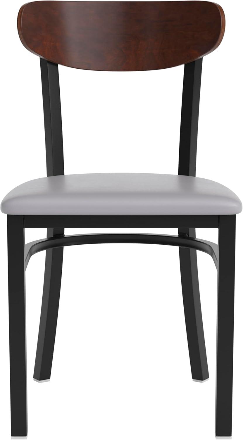 imageFlash Furniture Wright Commercial Grade Dining Chair Natural Birch Finish Solid Wood Seat and Boomerang Back 500 LB Capacity Black Steel FrameWalnut Wood BackGray Vinyl Seat