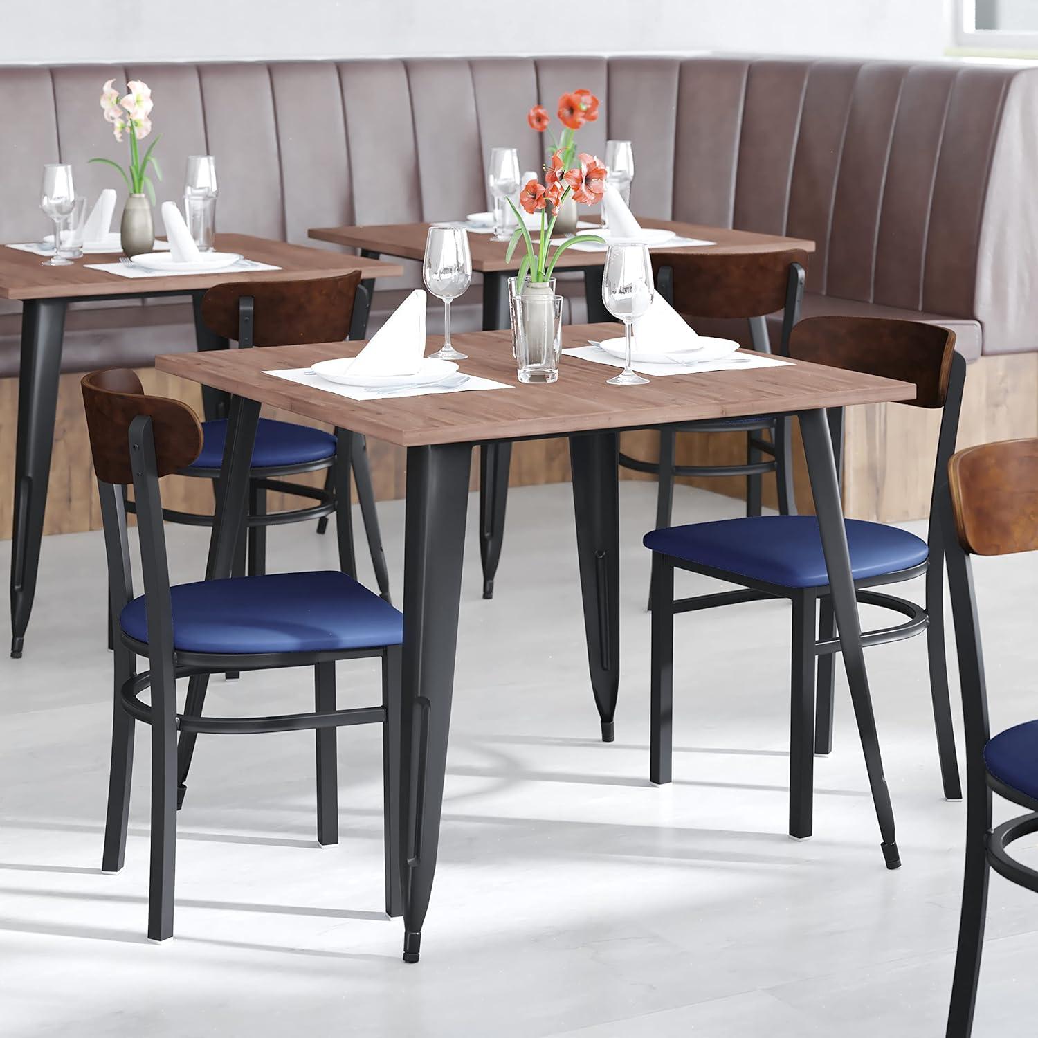 imageFlash Furniture Wright Commercial Grade Dining Chair Natural Birch Finish Solid Wood Seat and Boomerang Back 500 LB Capacity Black Steel FrameWalnut Wood BackBlue Vinyl Seat