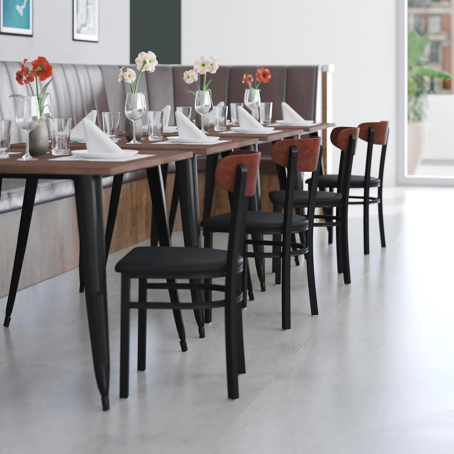 imageFlash Furniture Wright Commercial Grade Dining Chair Natural Birch Finish Solid Wood Seat and Boomerang Back 500 LB Capacity Black Steel FrameWalnut Wood BackBlack Vinyl Seat