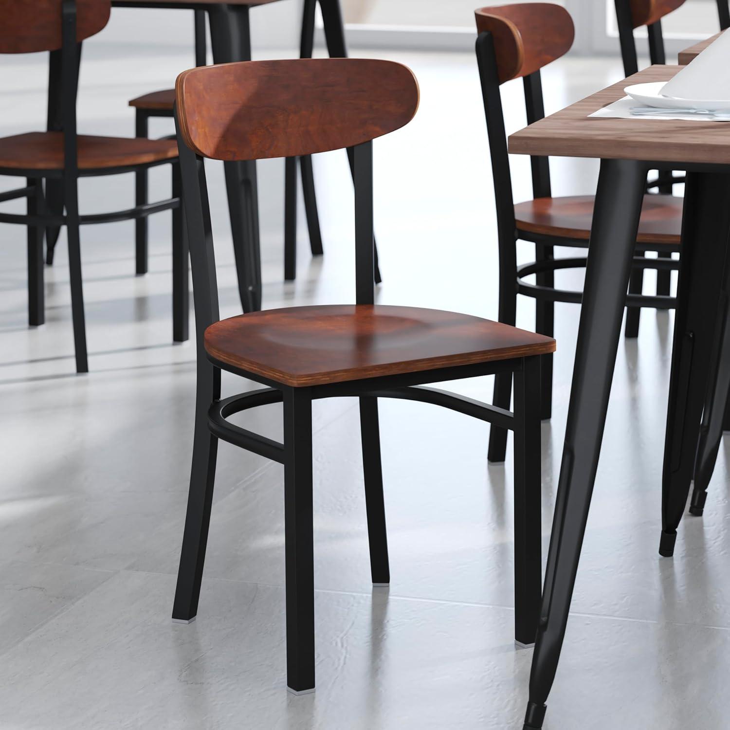 imageFlash Furniture Wright Commercial Grade Dining Chair Natural Birch Finish Solid Wood Seat and Boomerang Back 500 LB Capacity Black Steel FrameWalnut