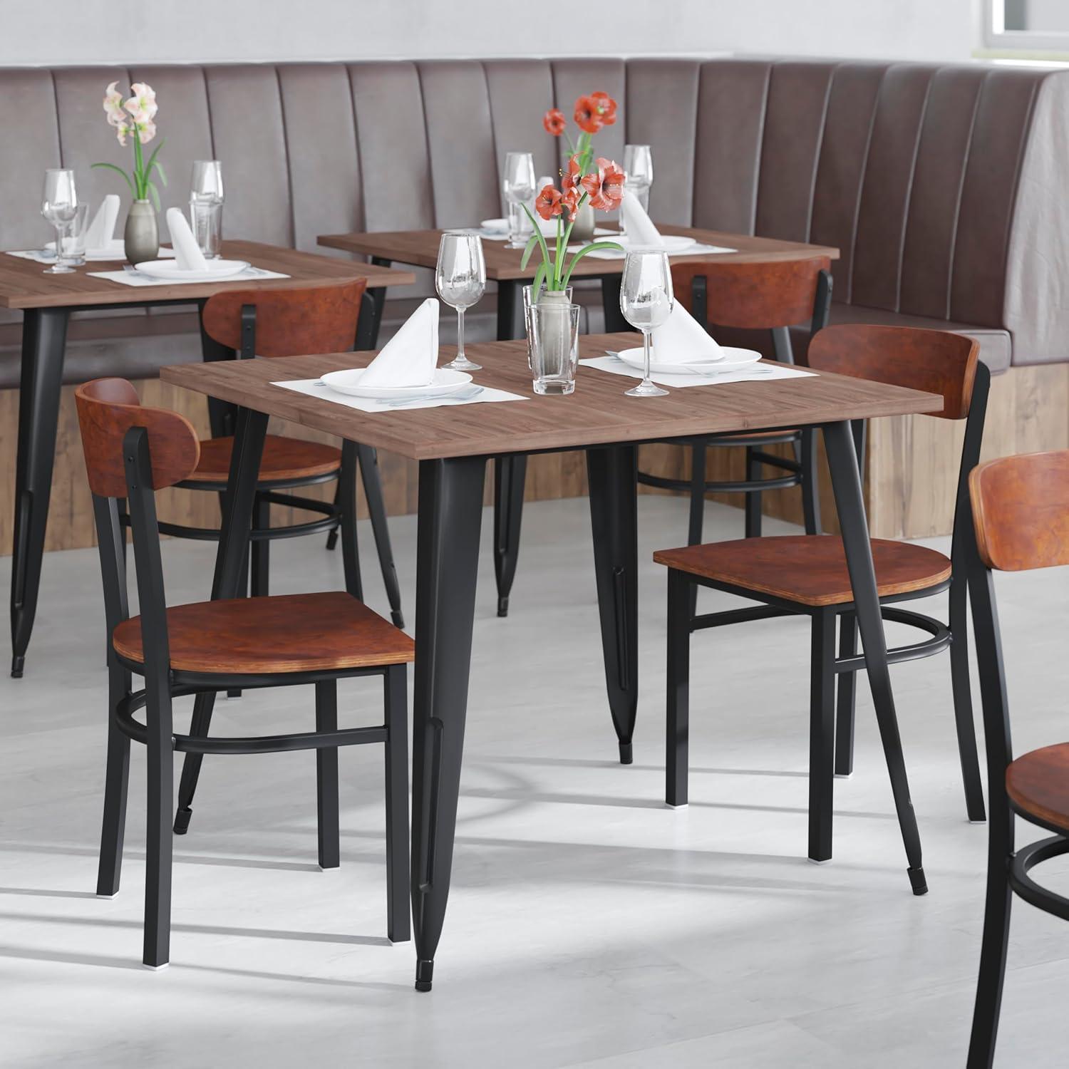imageFlash Furniture Wright Commercial Grade Dining Chair Natural Birch Finish Solid Wood Seat and Boomerang Back 500 LB Capacity Black Steel FrameWalnut