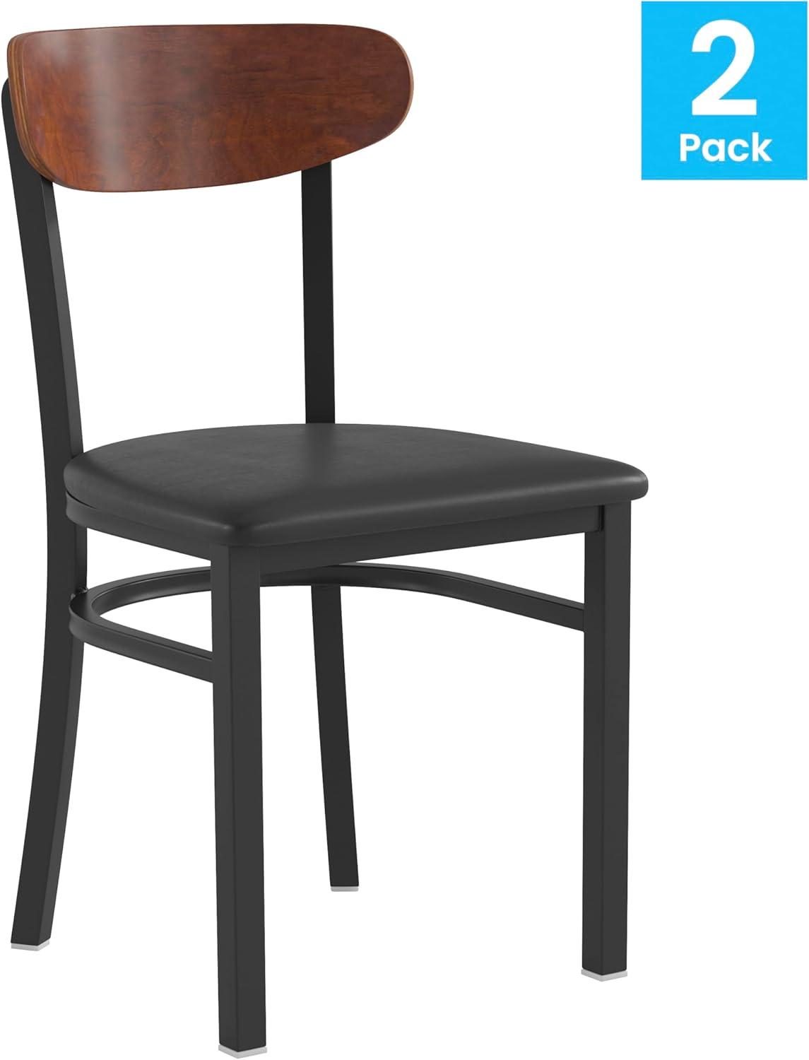 imageFlash Furniture Wright Commercial Grade Dining Chair Natural Birch Finish Solid Wood Seat and Boomerang Back 500 LB Capacity Black Steel FrameWalnut Wood BackBlack Vinyl Seat