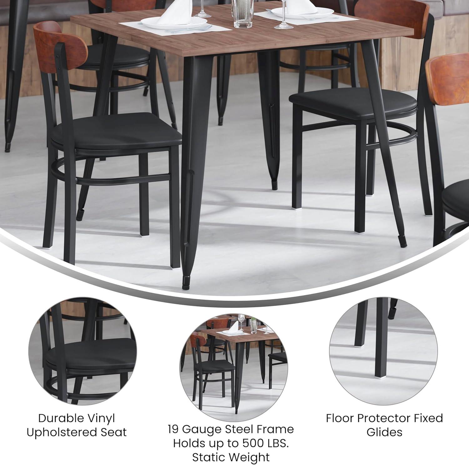 imageFlash Furniture Wright Commercial Grade Dining Chair Natural Birch Finish Solid Wood Seat and Boomerang Back 500 LB Capacity Black Steel FrameWalnut Wood BackBlack Vinyl Seat