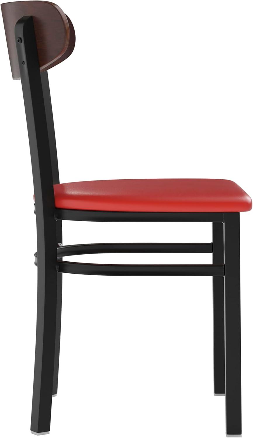 imageFlash Furniture Wright Commercial Grade Dining Chair Natural Birch Finish Solid Wood Seat and Boomerang Back 500 LB Capacity Black Steel FrameWalnut Wood BackRed Vinyl Seat