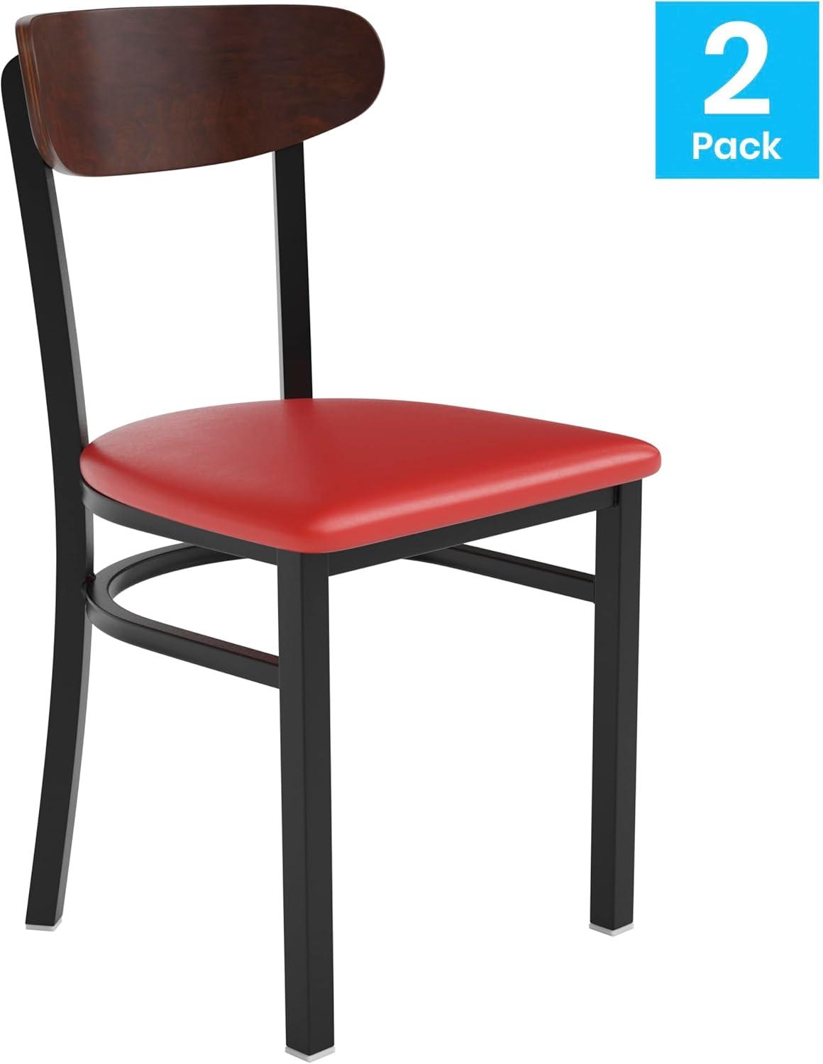 imageFlash Furniture Wright Commercial Grade Dining Chair Natural Birch Finish Solid Wood Seat and Boomerang Back 500 LB Capacity Black Steel FrameWalnut Wood BackRed Vinyl Seat