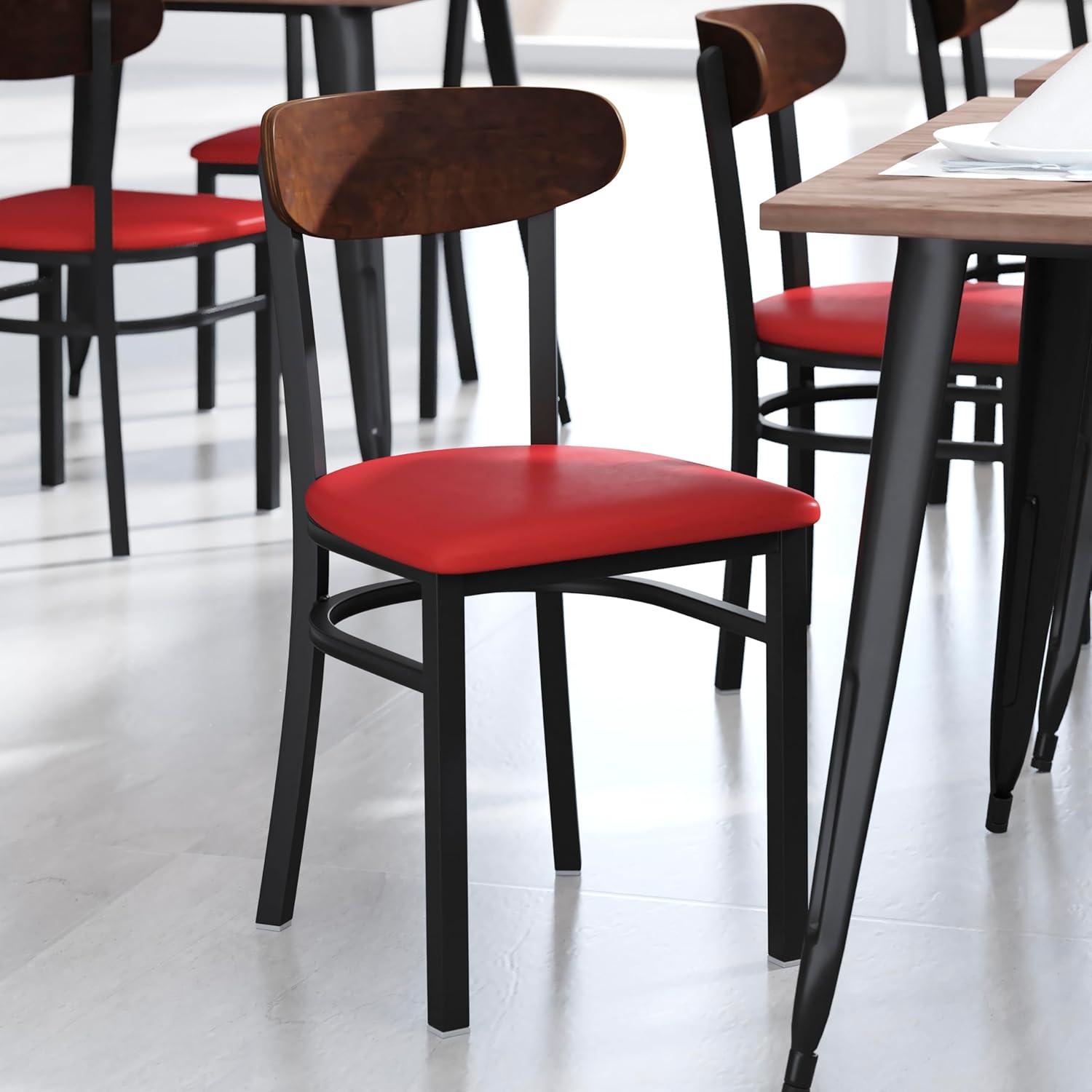 imageFlash Furniture Wright Commercial Grade Dining Chair Natural Birch Finish Solid Wood Seat and Boomerang Back 500 LB Capacity Black Steel FrameWalnut Wood BackRed Vinyl Seat