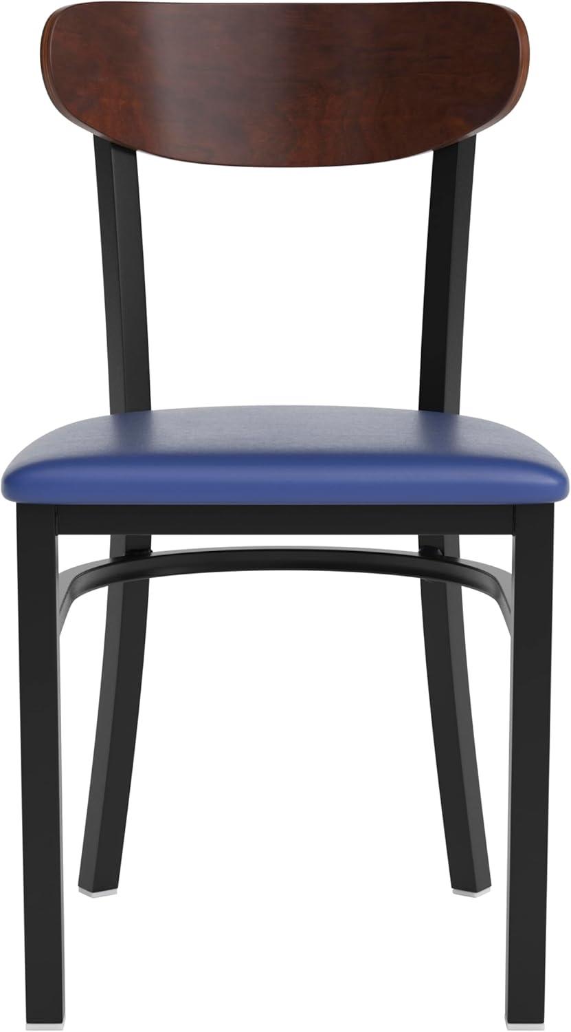 imageFlash Furniture Wright Commercial Grade Dining Chair Natural Birch Finish Solid Wood Seat and Boomerang Back 500 LB Capacity Black Steel FrameWalnut Wood BackBlue Vinyl Seat