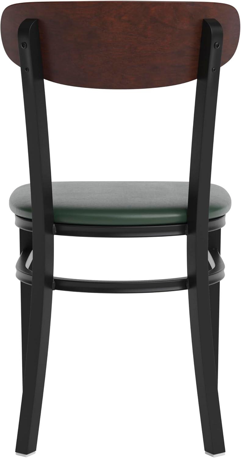 imageFlash Furniture Wright Commercial Grade Dining Chair Natural Birch Finish Solid Wood Seat and Boomerang Back 500 LB Capacity Black Steel FrameWalnut Wood BackGreen Vinyl Seat