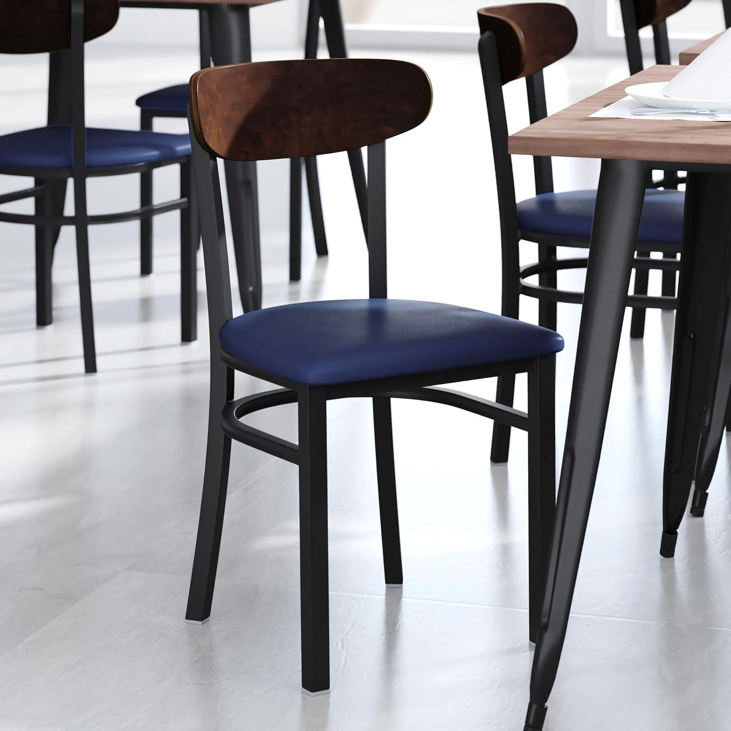 imageFlash Furniture Wright Commercial Grade Dining Chair Natural Birch Finish Solid Wood Seat and Boomerang Back 500 LB Capacity Black Steel FrameWalnut Wood BackBlue Vinyl Seat