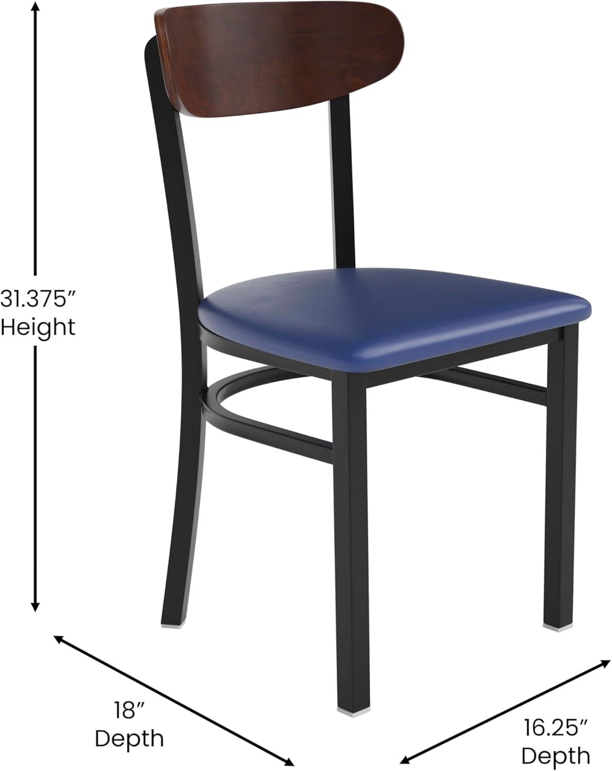 imageFlash Furniture Wright Commercial Grade Dining Chair Natural Birch Finish Solid Wood Seat and Boomerang Back 500 LB Capacity Black Steel FrameWalnut Wood BackBlue Vinyl Seat