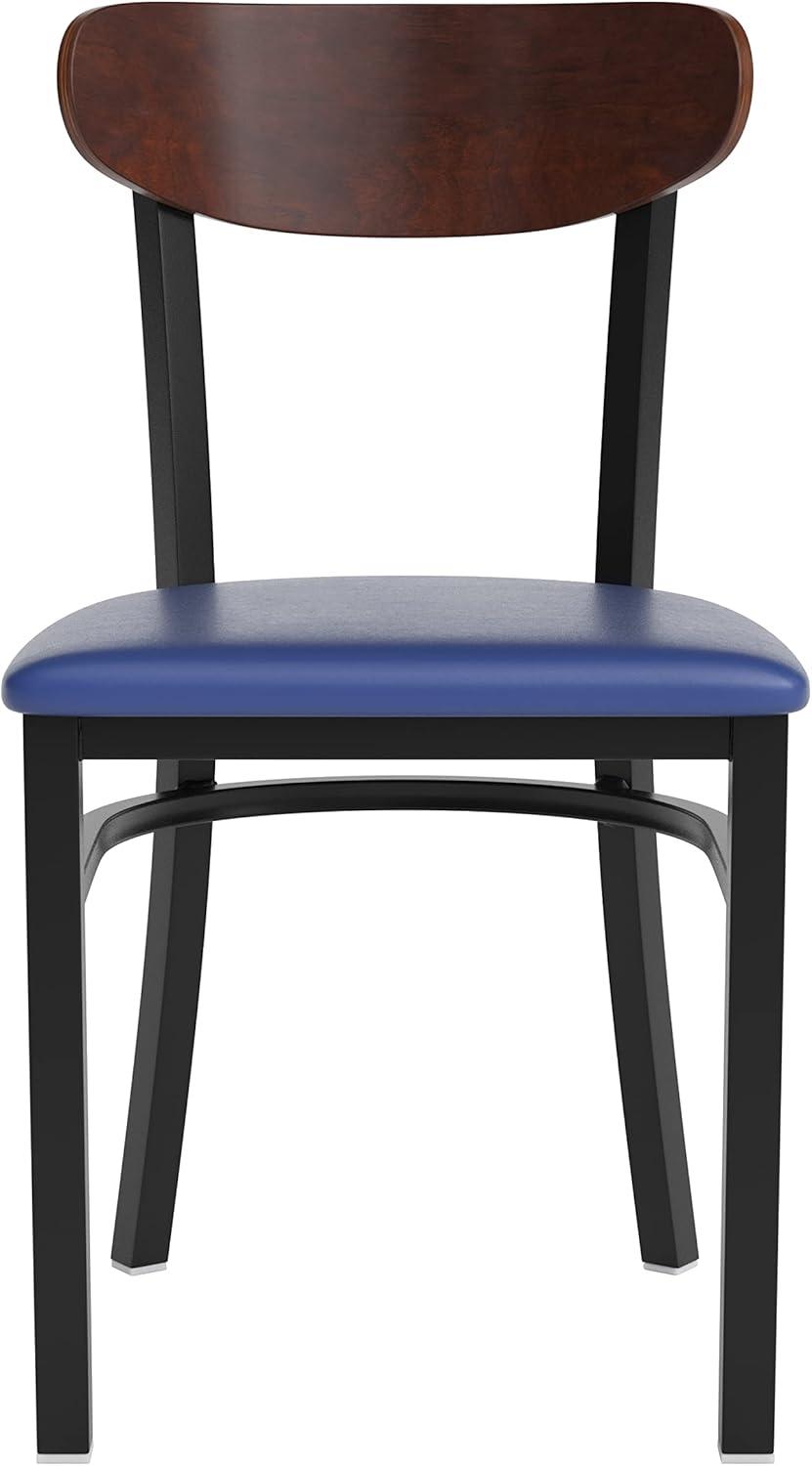imageFlash Furniture Wright Commercial Grade Dining Chair Natural Birch Finish Solid Wood Seat and Boomerang Back 500 LB Capacity Black Steel FrameWalnut Wood BackBlue Vinyl Seat