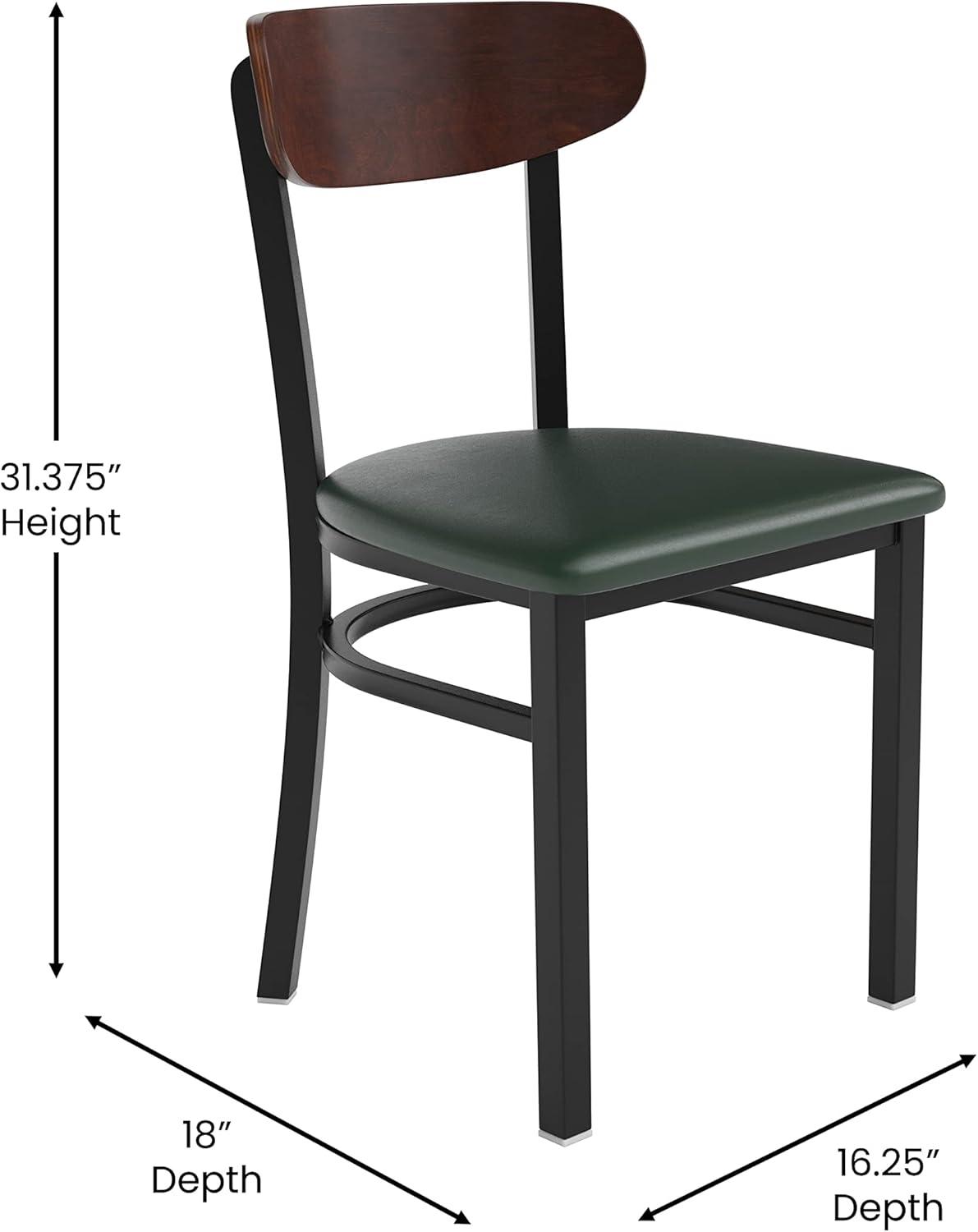 imageFlash Furniture Wright Commercial Grade Dining Chair Natural Birch Finish Solid Wood Seat and Boomerang Back 500 LB Capacity Black Steel FrameWalnut Wood BackGreen Vinyl Seat