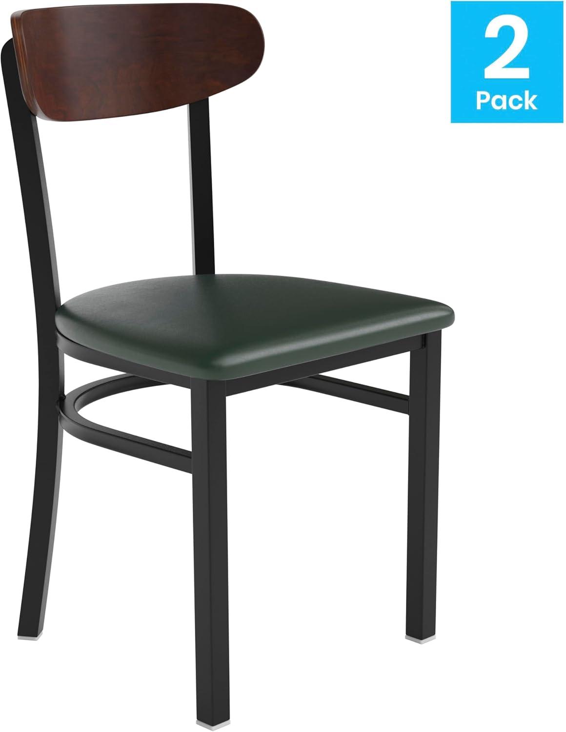 imageFlash Furniture Wright Commercial Grade Dining Chair Natural Birch Finish Solid Wood Seat and Boomerang Back 500 LB Capacity Black Steel FrameWalnut Wood BackGreen Vinyl Seat