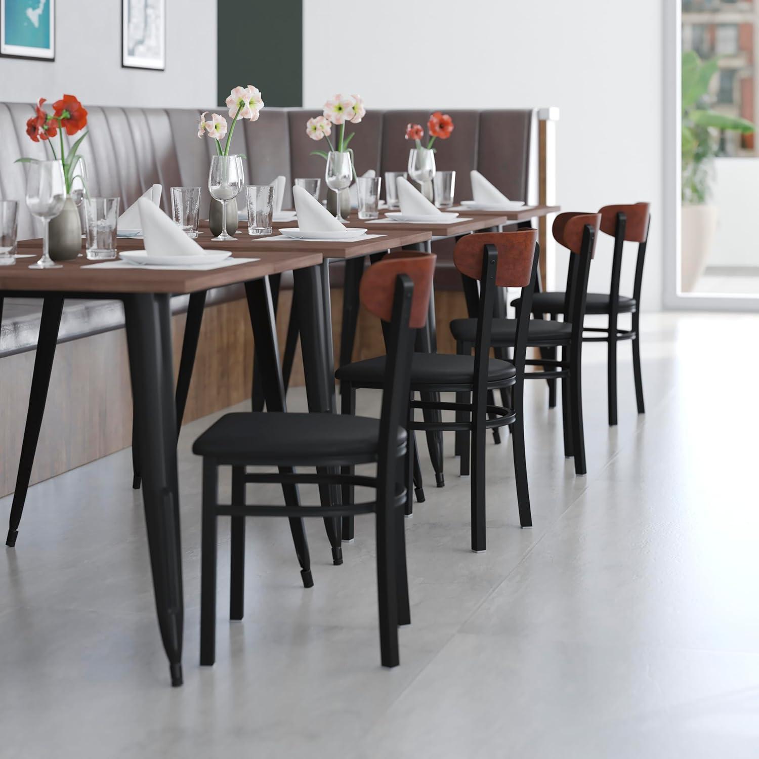 imageFlash Furniture Wright Commercial Grade Dining Chair Natural Birch Finish Solid Wood Seat and Boomerang Back 500 LB Capacity Black Steel FrameWalnut Wood BackBlack Vinyl Seat