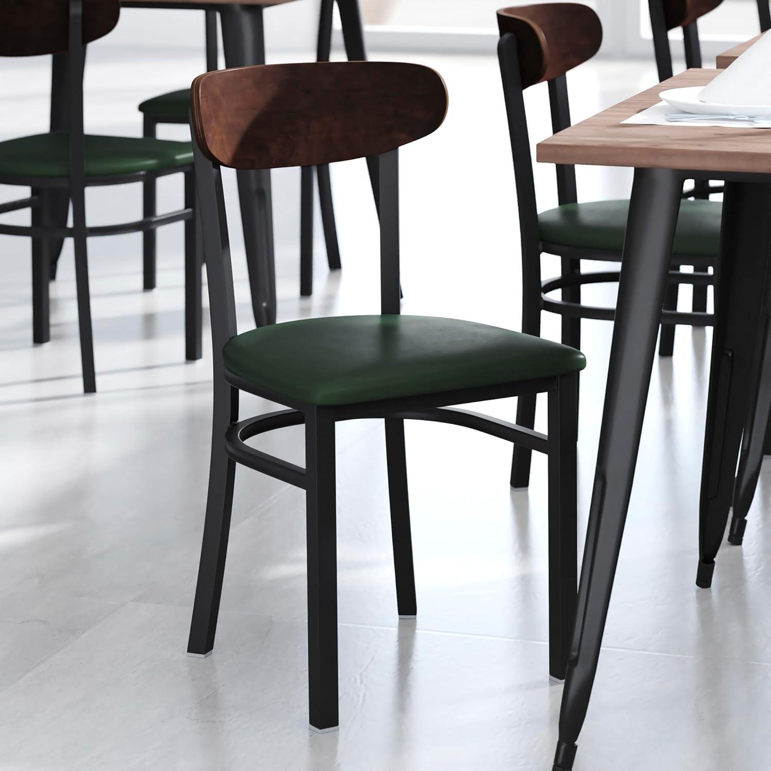 imageFlash Furniture Wright Commercial Grade Dining Chair Natural Birch Finish Solid Wood Seat and Boomerang Back 500 LB Capacity Black Steel FrameWalnut Wood BackGreen Vinyl Seat