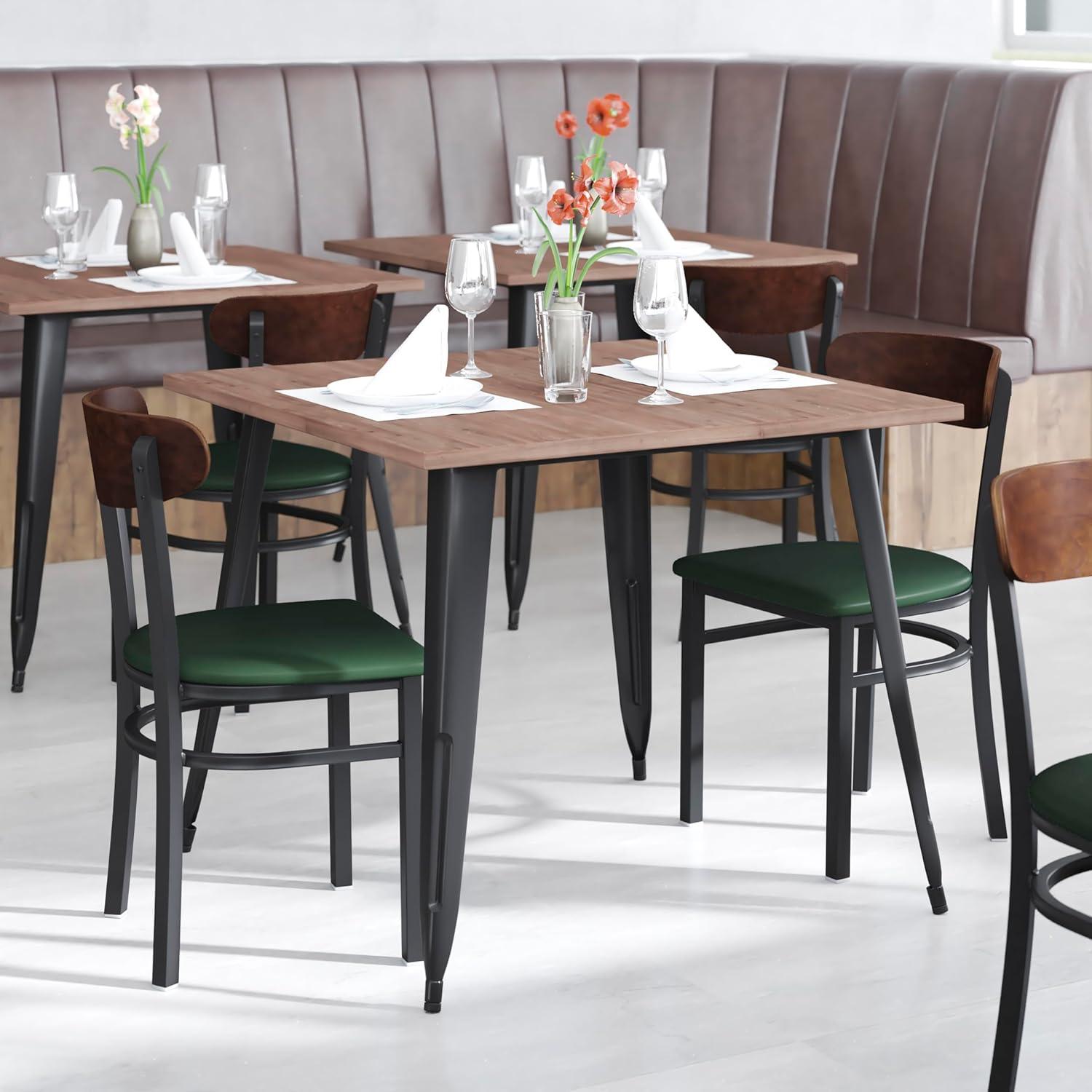 imageFlash Furniture Wright Commercial Grade Dining Chair Natural Birch Finish Solid Wood Seat and Boomerang Back 500 LB Capacity Black Steel FrameWalnut Wood BackGreen Vinyl Seat