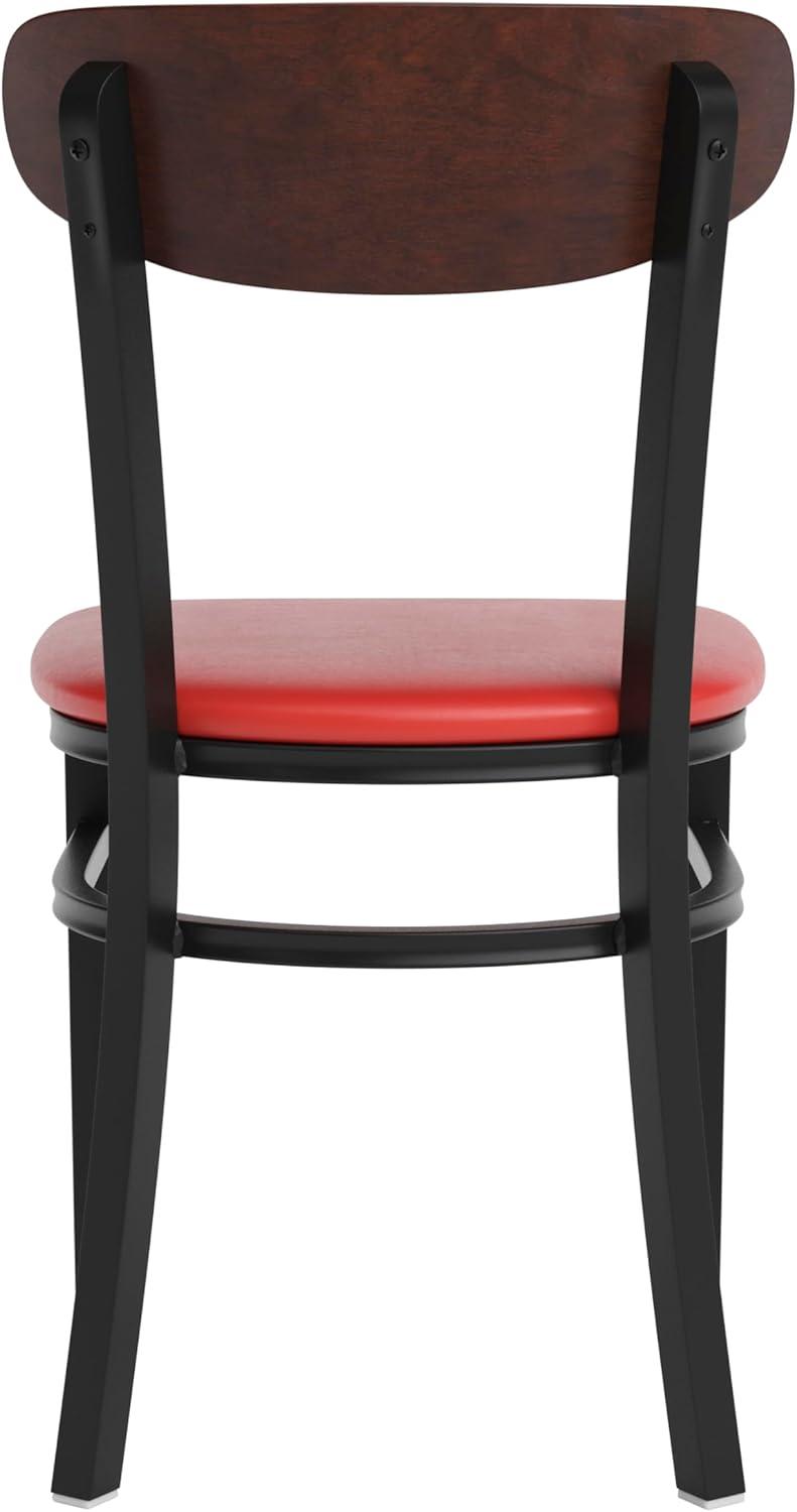 imageFlash Furniture Wright Commercial Grade Dining Chair Natural Birch Finish Solid Wood Seat and Boomerang Back 500 LB Capacity Black Steel FrameWalnut Wood BackRed Vinyl Seat
