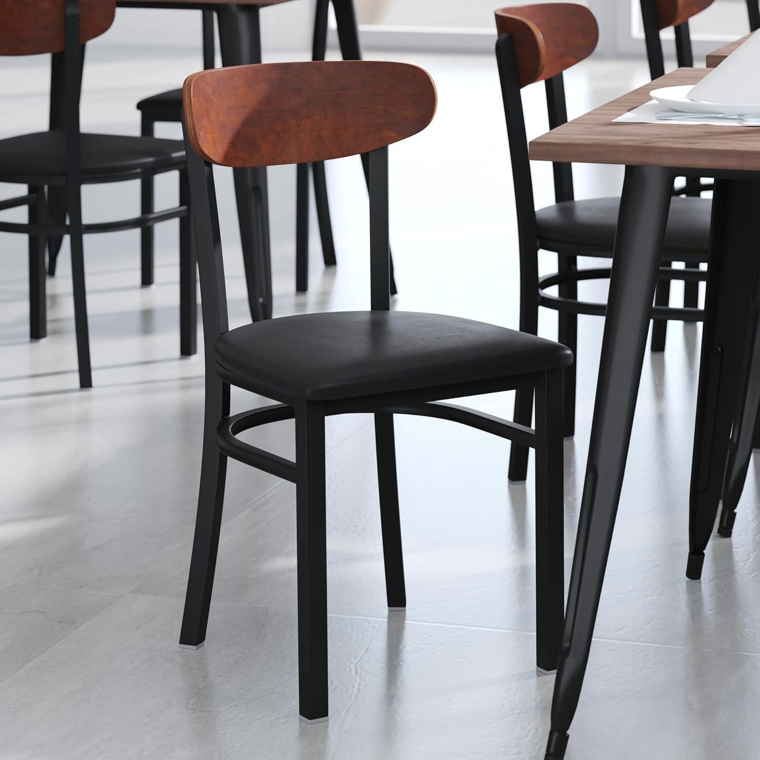 imageFlash Furniture Wright Commercial Grade Dining Chair Natural Birch Finish Solid Wood Seat and Boomerang Back 500 LB Capacity Black Steel FrameWalnut Wood BackBlack Vinyl Seat