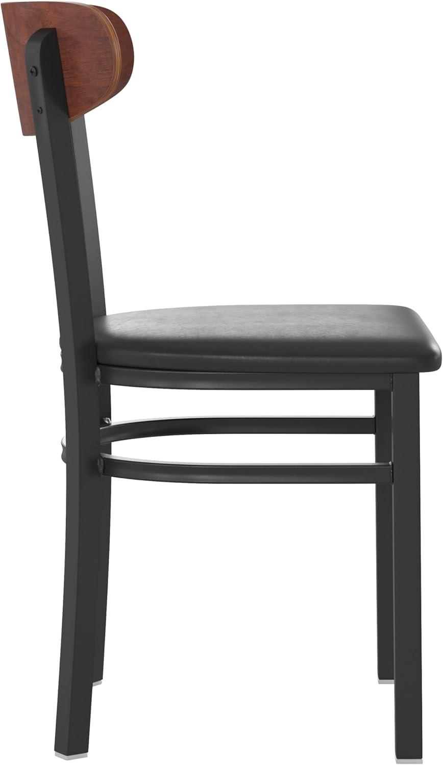 imageFlash Furniture Wright Commercial Grade Dining Chair Natural Birch Finish Solid Wood Seat and Boomerang Back 500 LB Capacity Black Steel FrameWalnut Wood BackBlack Vinyl Seat