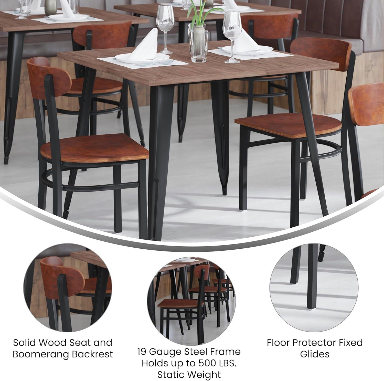 imageFlash Furniture Wright Commercial Grade Dining Chair Natural Birch Finish Solid Wood Seat and Boomerang Back 500 LB Capacity Black Steel FrameWalnut